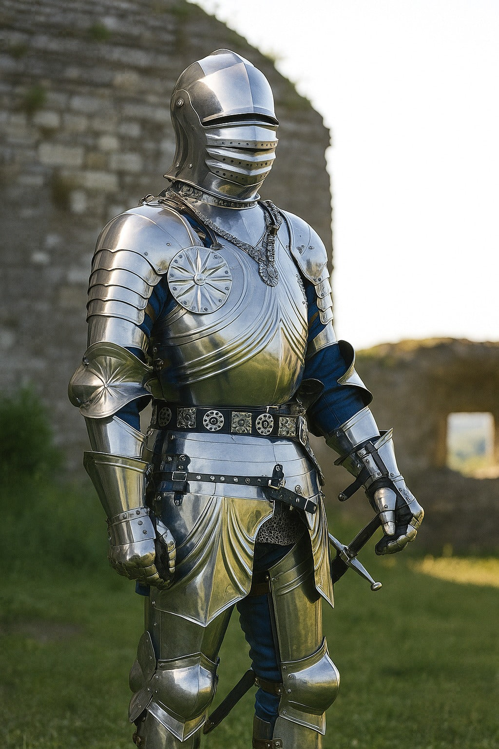 Full medieval knight wearing polished steel armor with closed visor helmet