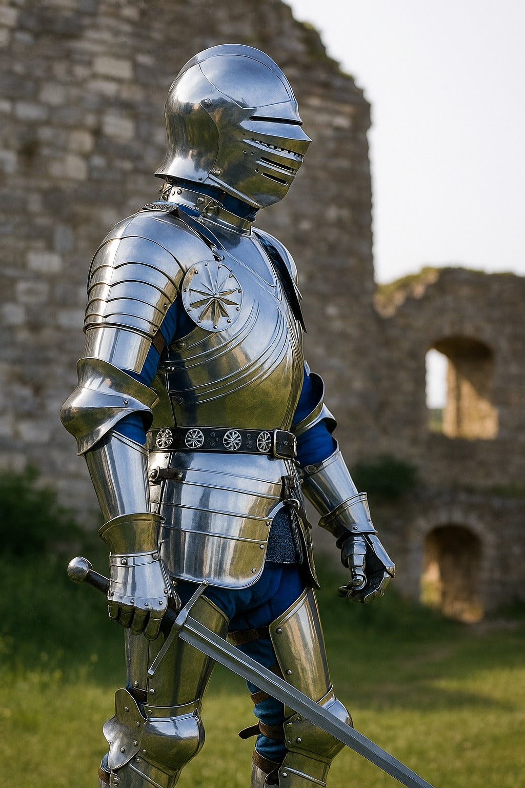 Side view of handcrafted full steel knight armor with sword and belt detail