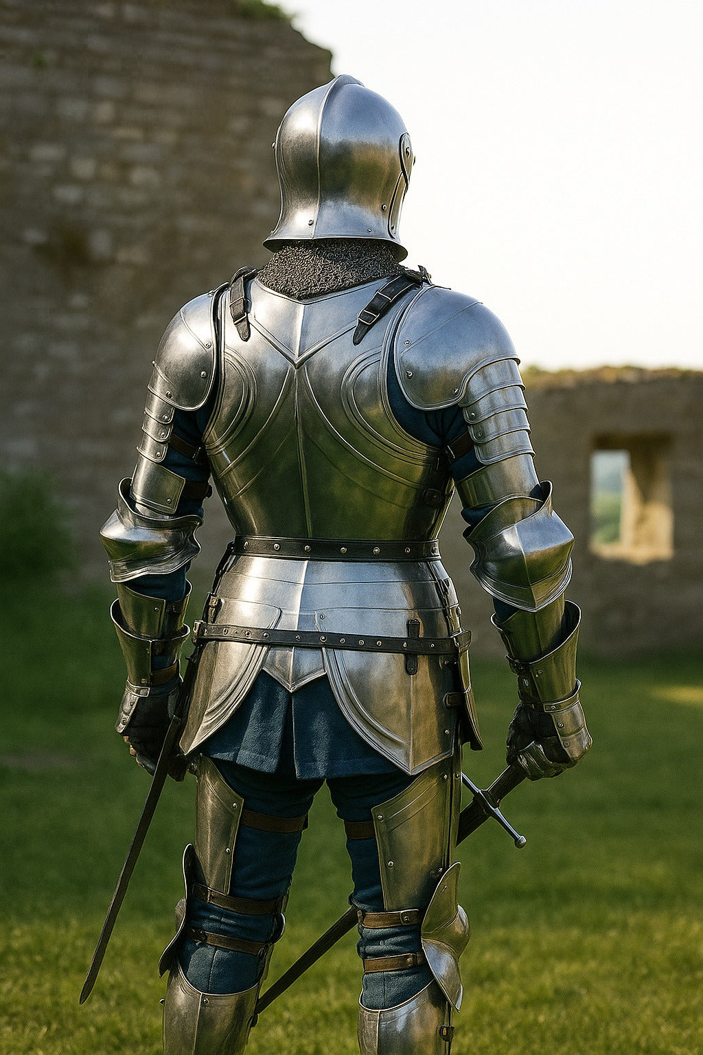 Rear view of handcrafted full steel knight armor with sword and belt detail