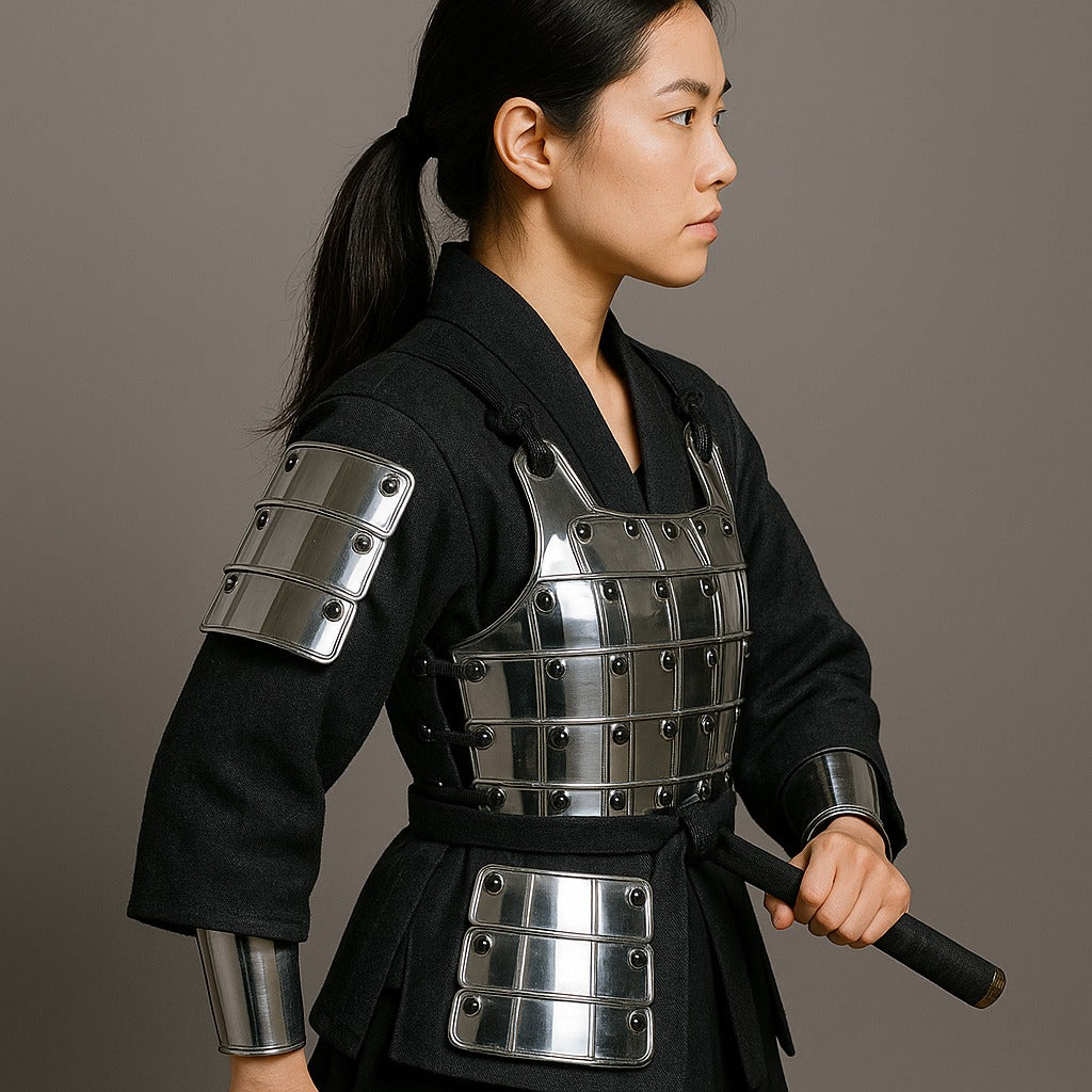 Japanese Samurai Half Body Armor Yoroi Chest and Arm Guards – Polished Steel Bushido Warrior Costume