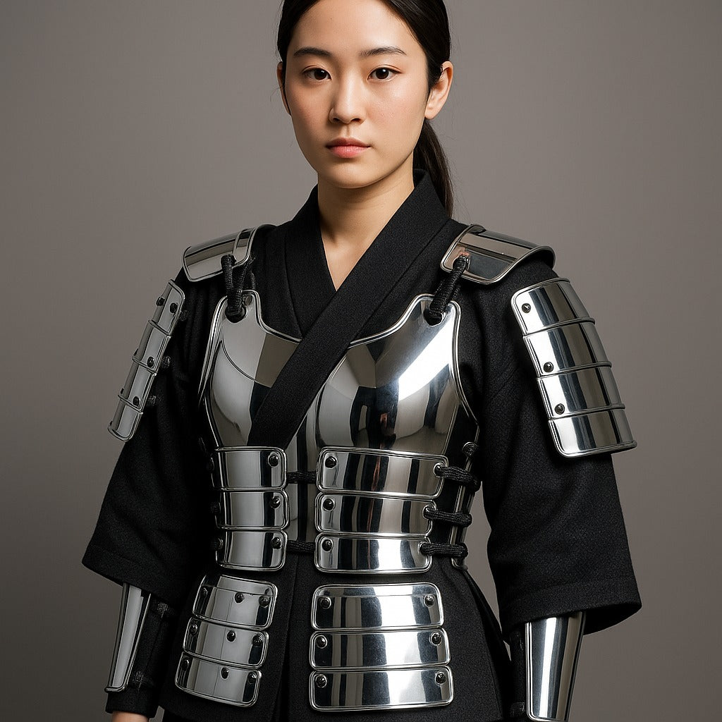 Japanese Samurai Half Body Armor Yoroi Chest and Arm Guards – Polished Steel Bushido Warrior Costume
