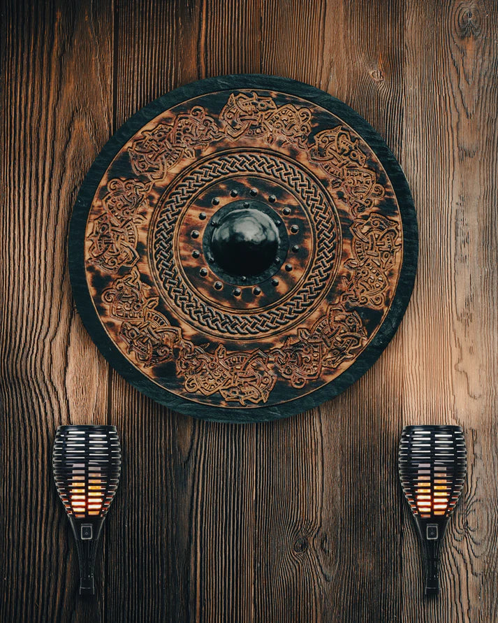 Handcarved 24" Viking Shield with Drake Knotwork Design