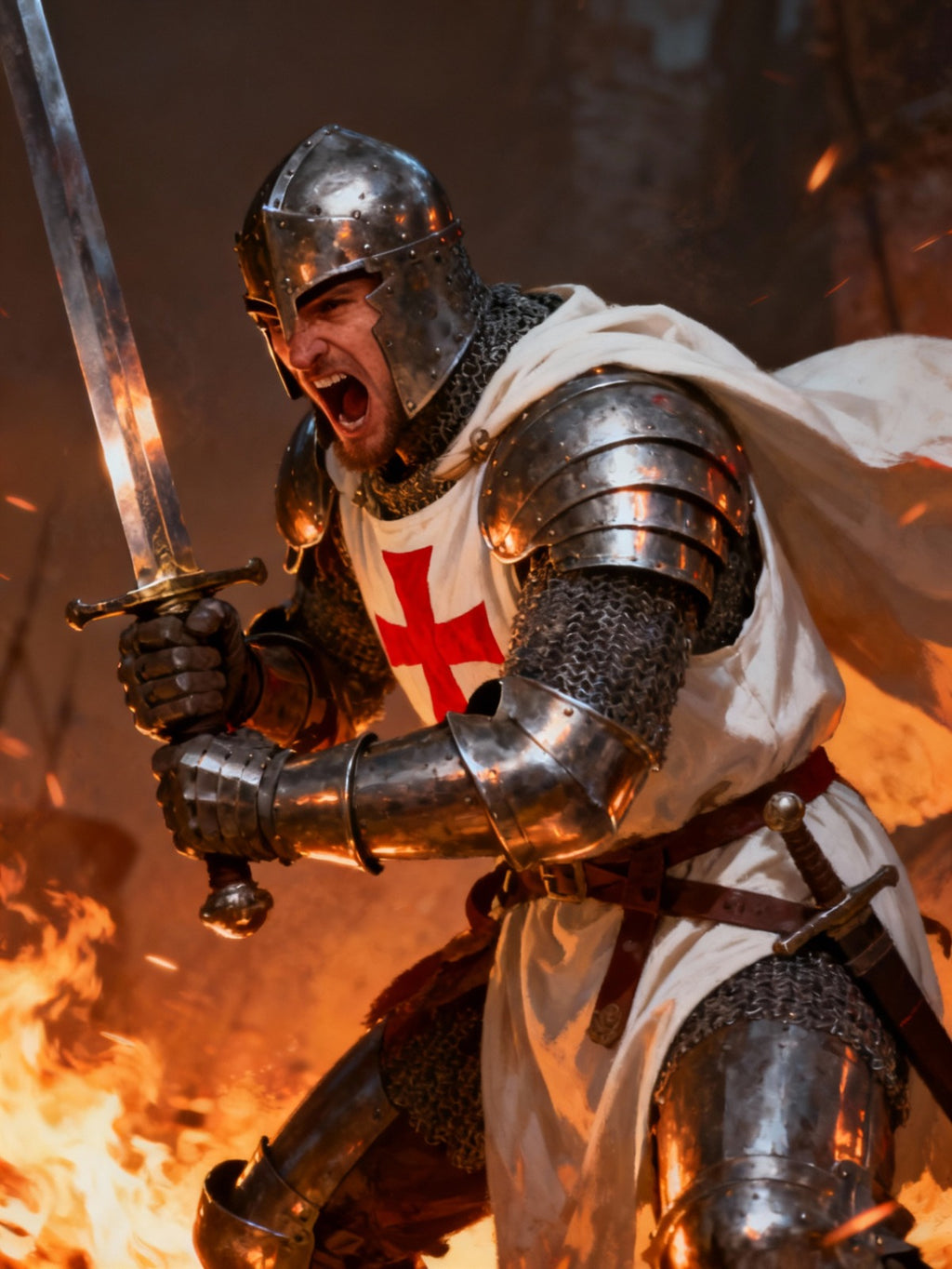 Full-body medieval Crusader knight armor suit with sword, standing in battle-ready pose inside a stone fortress