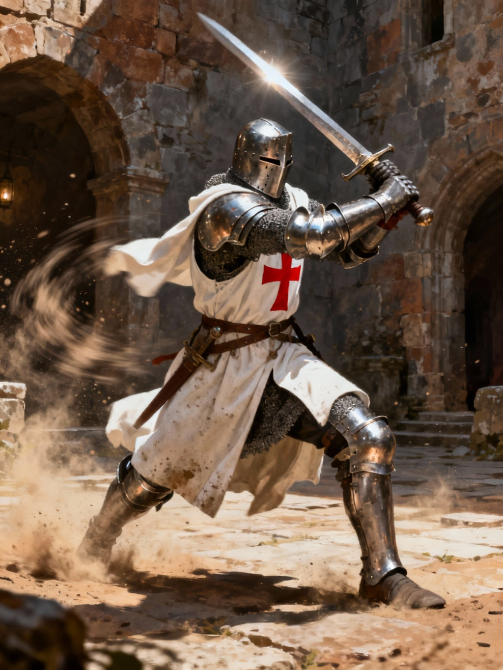 Full-body medieval Crusader knight armor suit with sword, standing in battle-ready pose inside a stone fortress