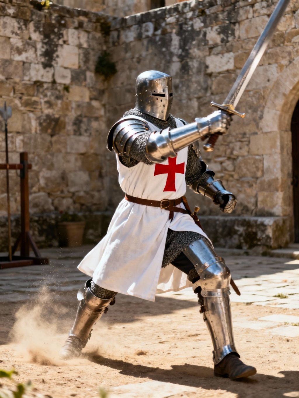 Full-body medieval Crusader knight armor suit with sword, standing in battle-ready pose inside a stone fortress