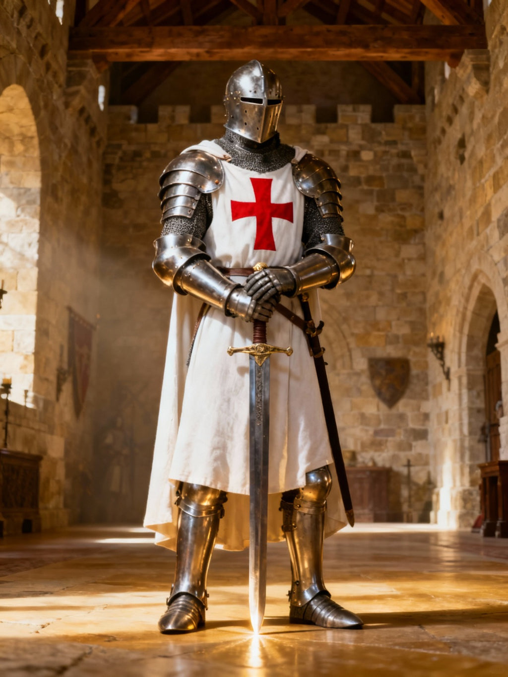 Full-body medieval Crusader knight armor suit with sword, standing in battle-ready pose inside a stone fortress