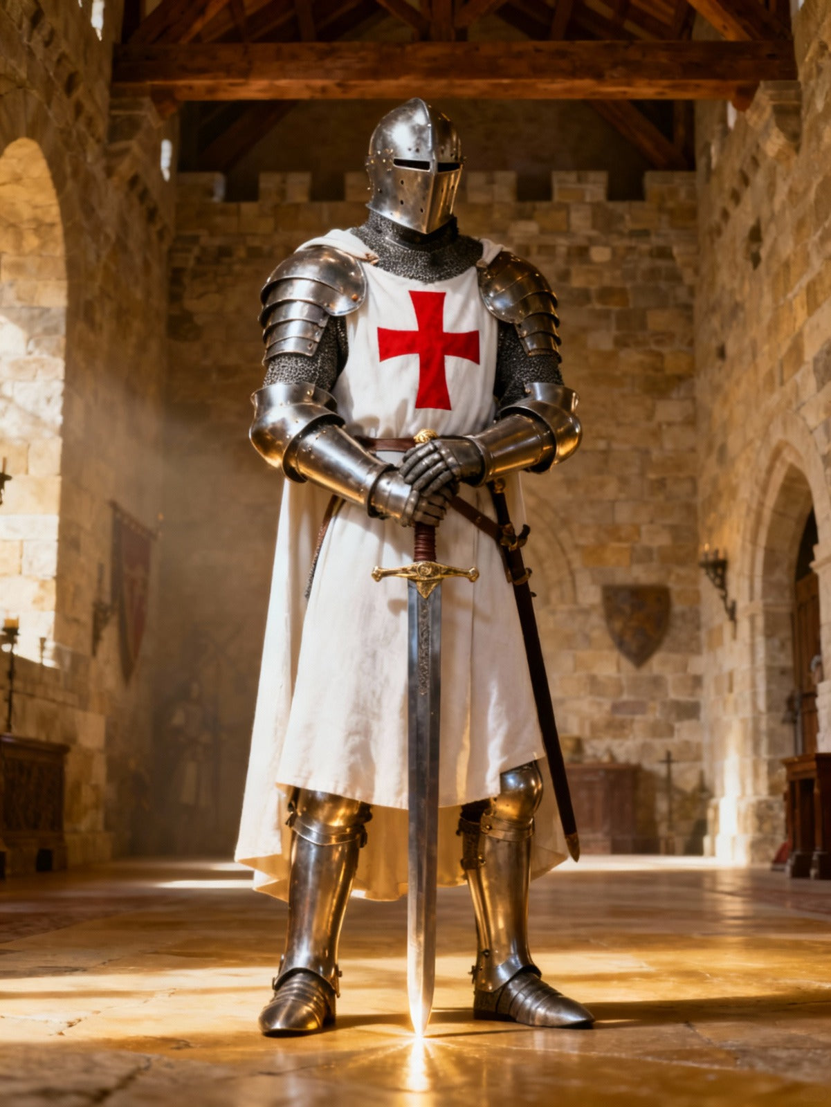 Full-body medieval Crusader knight armor suit with sword, standing in battle-ready pose inside a stone fortress