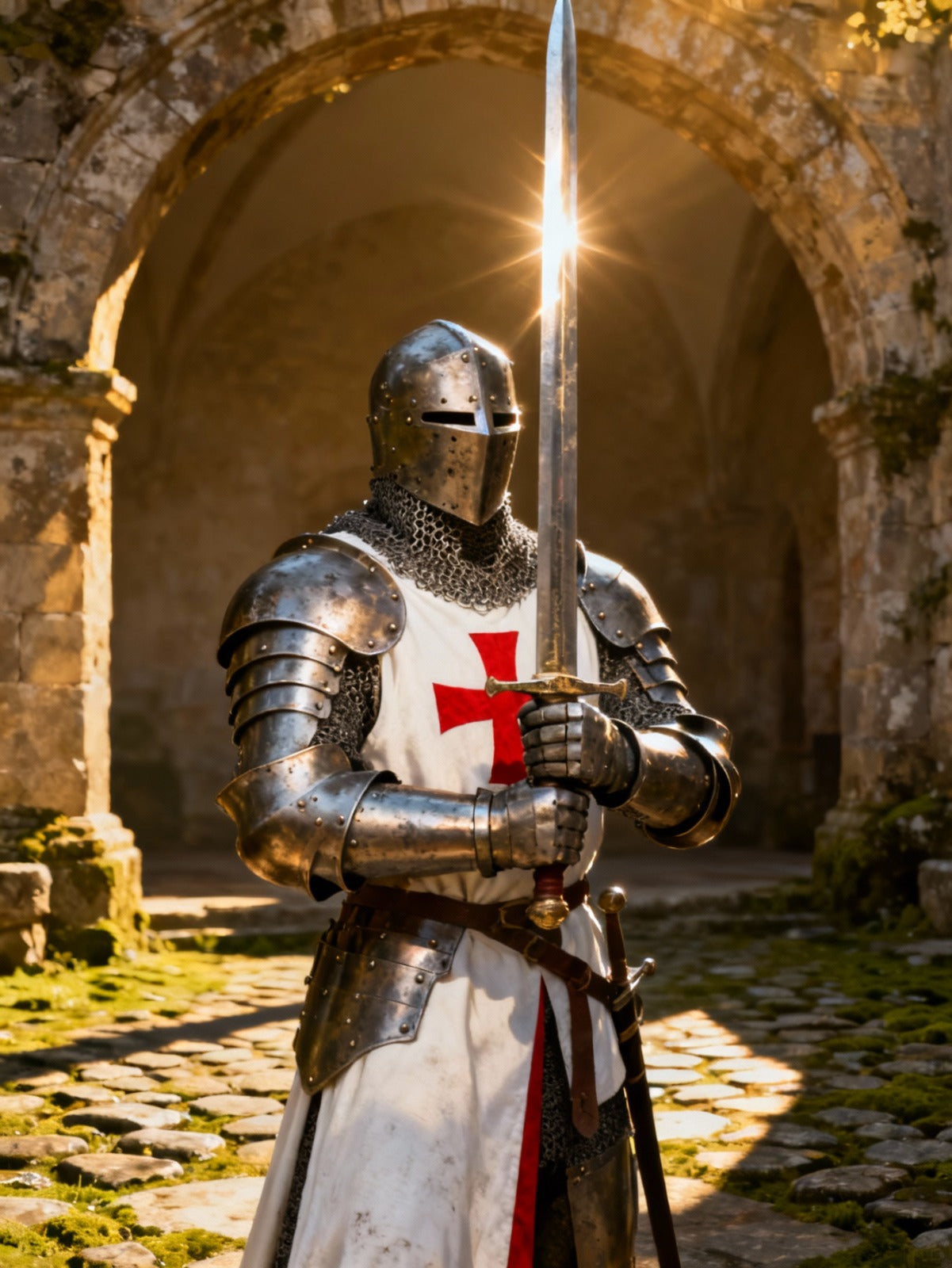 Full-body medieval Crusader knight armor suit with sword, standing in battle-ready pose inside a stone fortress