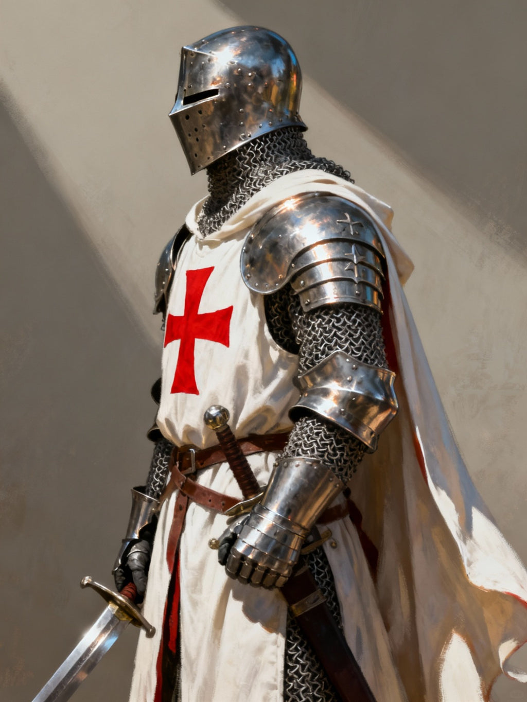 Full-body medieval Crusader knight armor suit with sword, standing in battle-ready pose inside a stone fortress