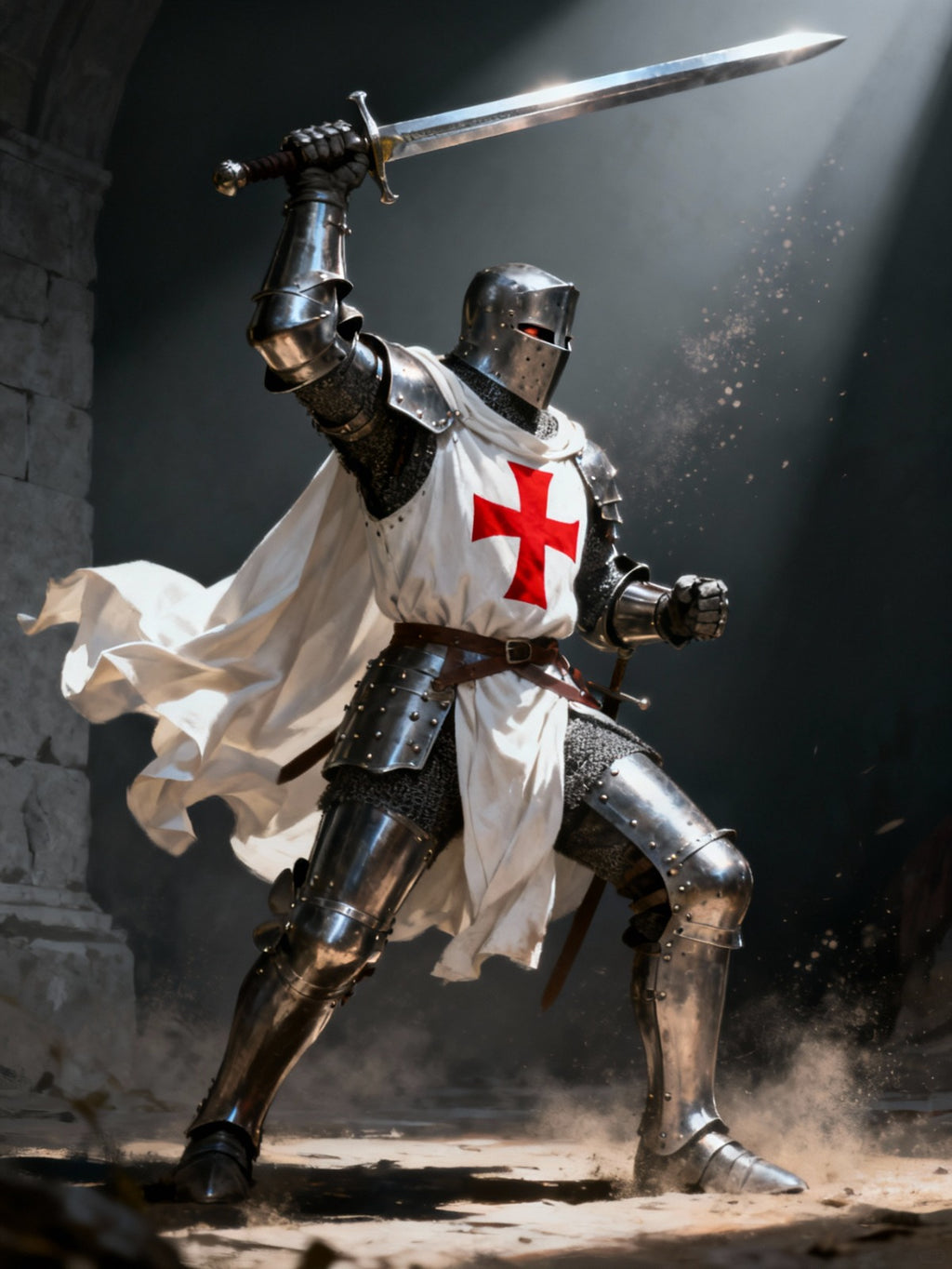 Full-body medieval Crusader knight armor suit with sword, standing in battle-ready pose inside a stone fortress