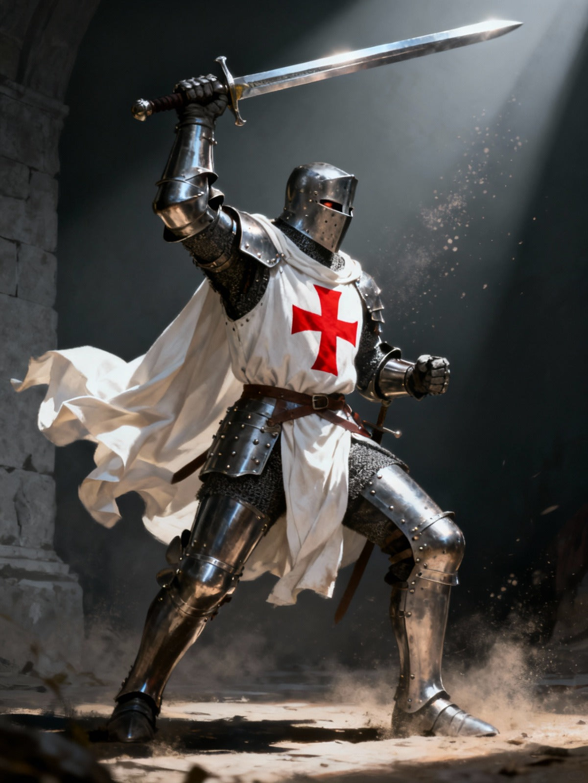 Full-body medieval Crusader knight armor suit with sword, standing in battle-ready pose inside a stone fortress