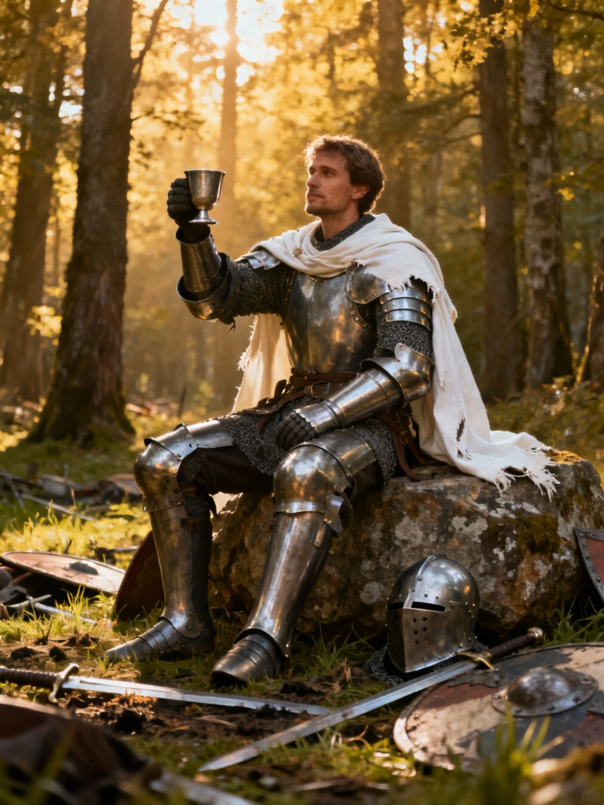 Medieval knight in full polished steel armor with sword and white cape standing in a forest