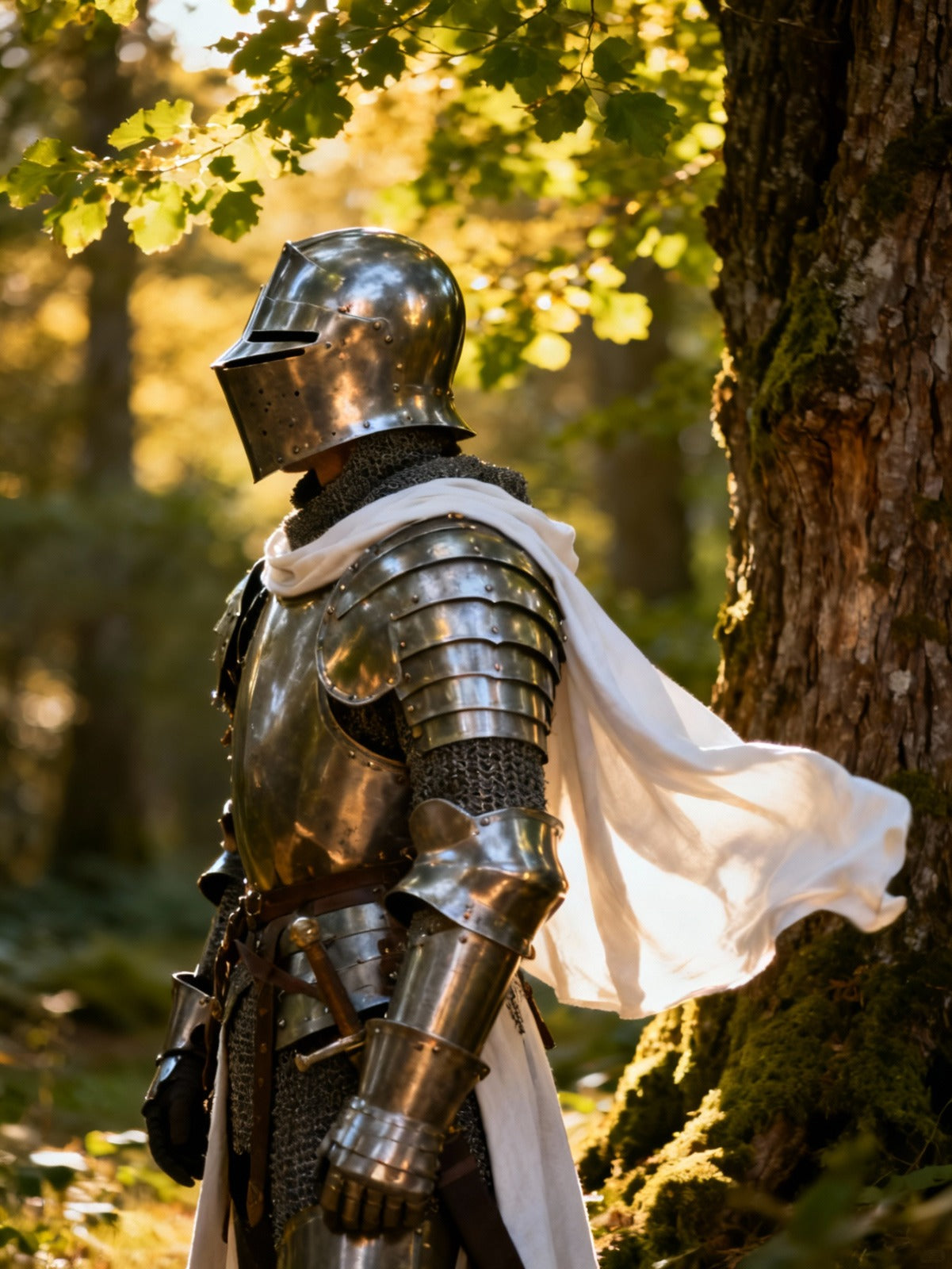 Medieval knight in full polished steel armor with sword and white cape standing in a forest