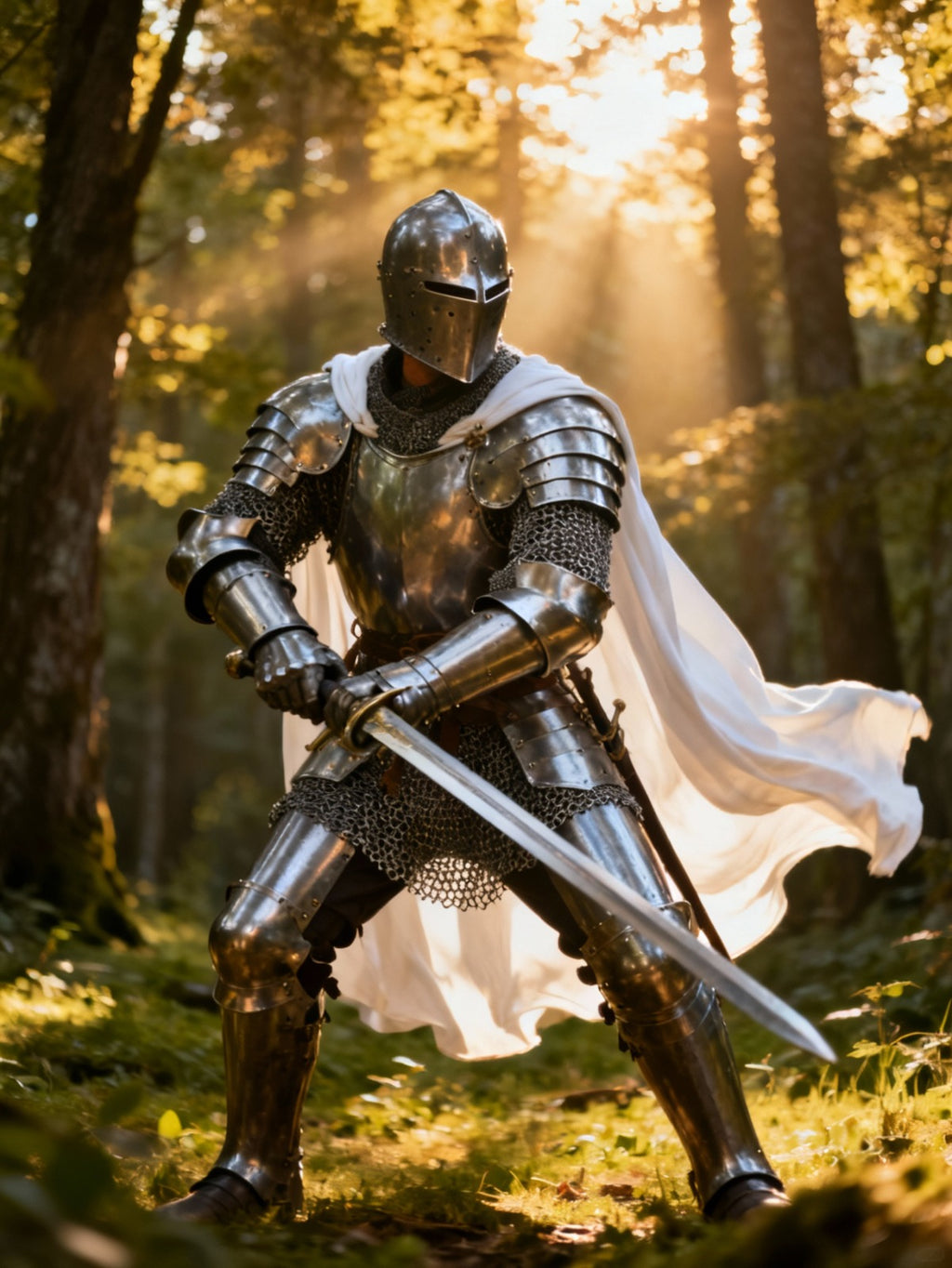 Medieval knight in full polished steel armor with sword and white cape standing in a forest