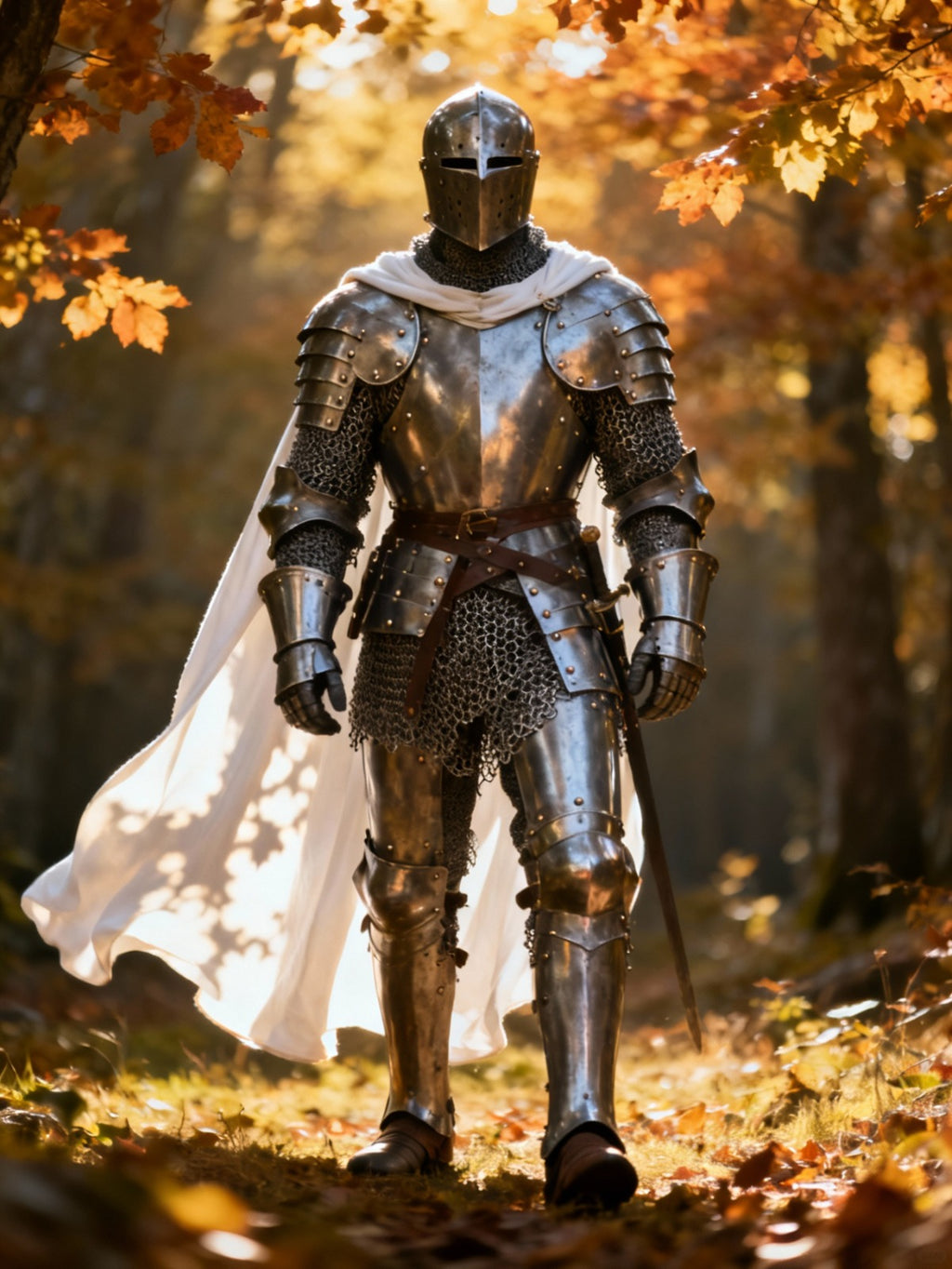 Medieval knight in full polished steel armor with sword and white cape standing in a forest