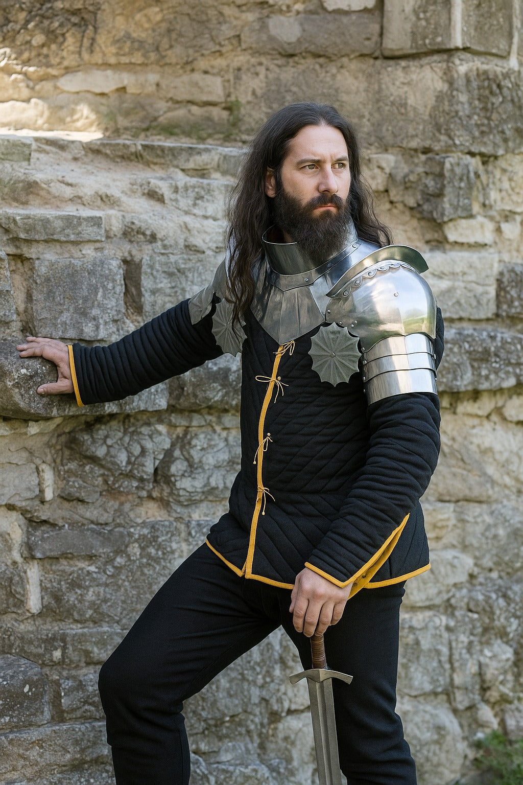 Medieval knight wearing handcrafted polished steel armor suit with detailed shoulder and arm guards