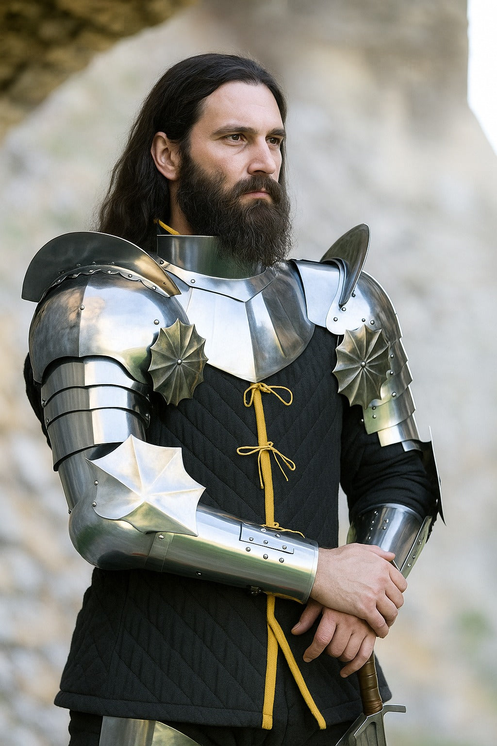 Medieval knight wearing handcrafted polished steel armor suit with detailed shoulder and arm guards