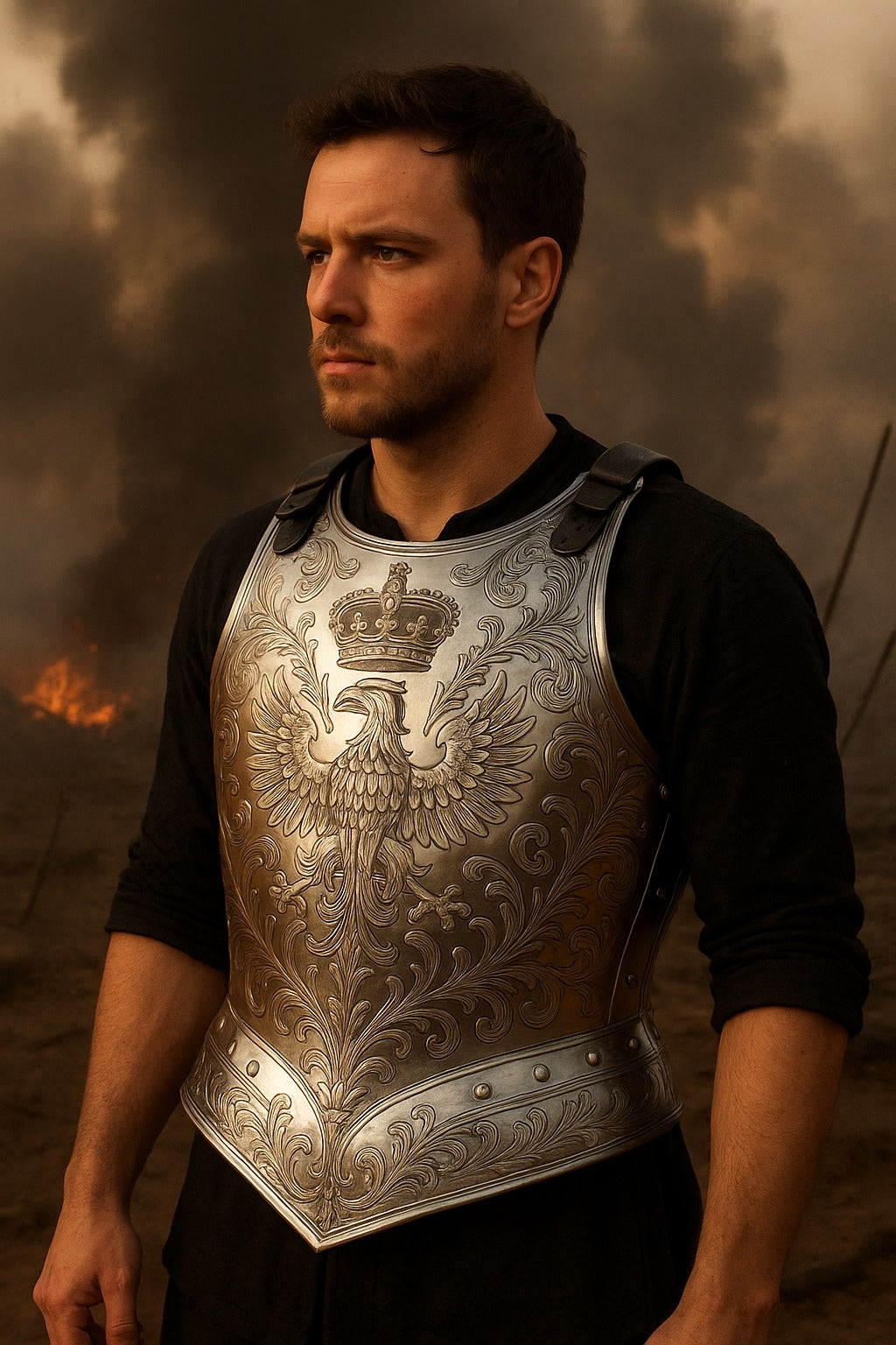 Man wearing engraved royal eagle chest armor in battlefield background