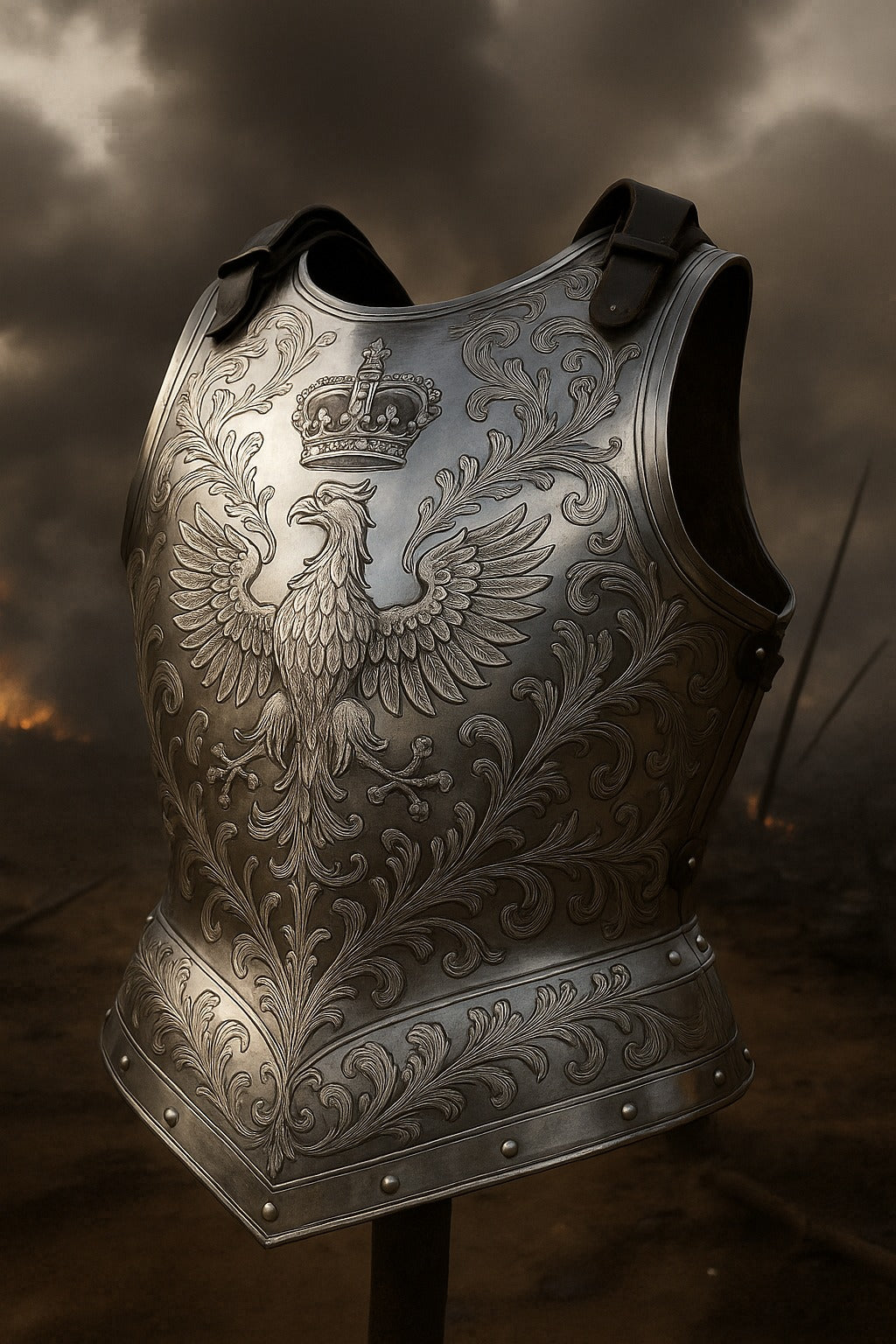 Close-up of detailed medieval engraved steel cuirass with crown and eagle design