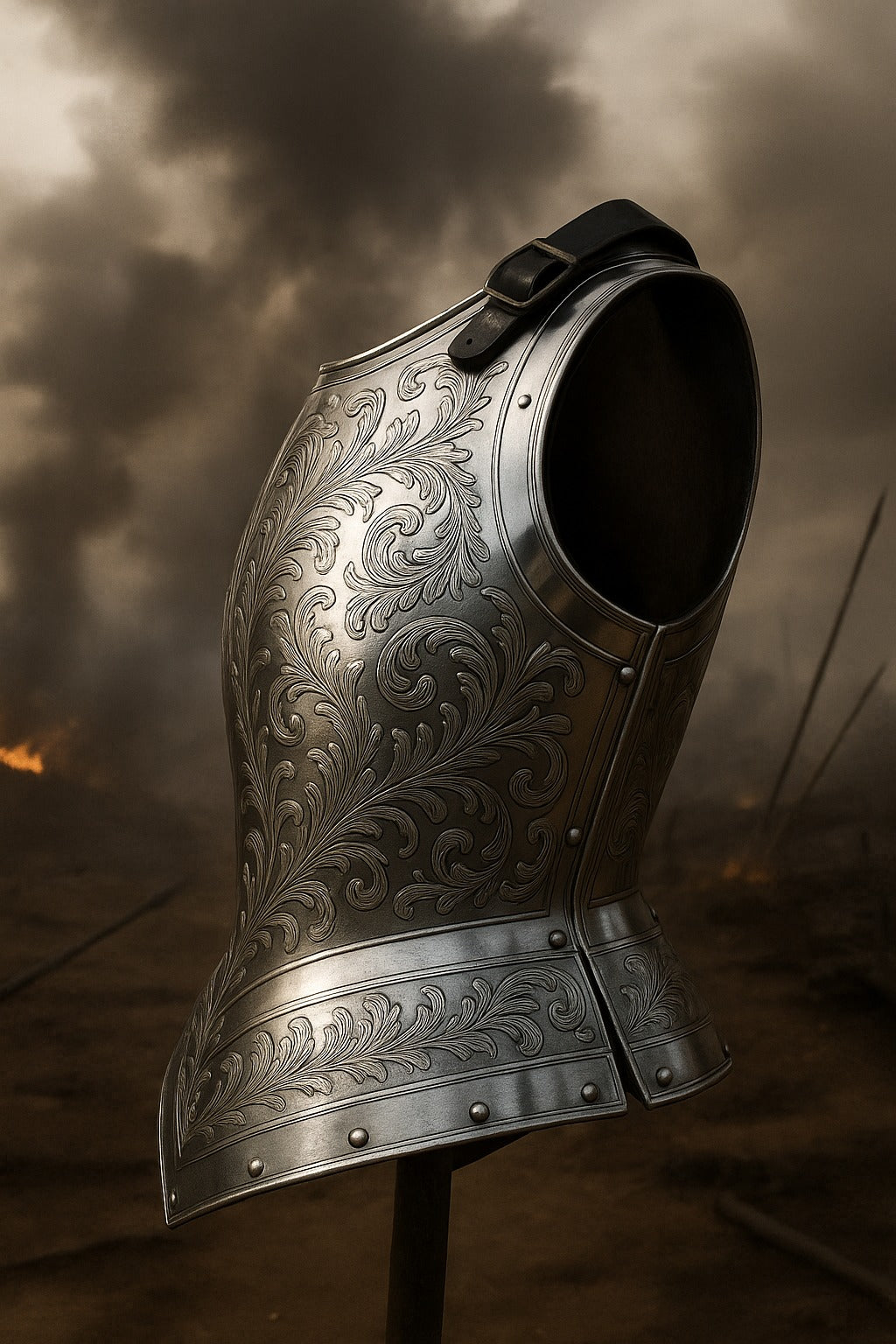 Side profile of ornate engraved steel knight chestplate