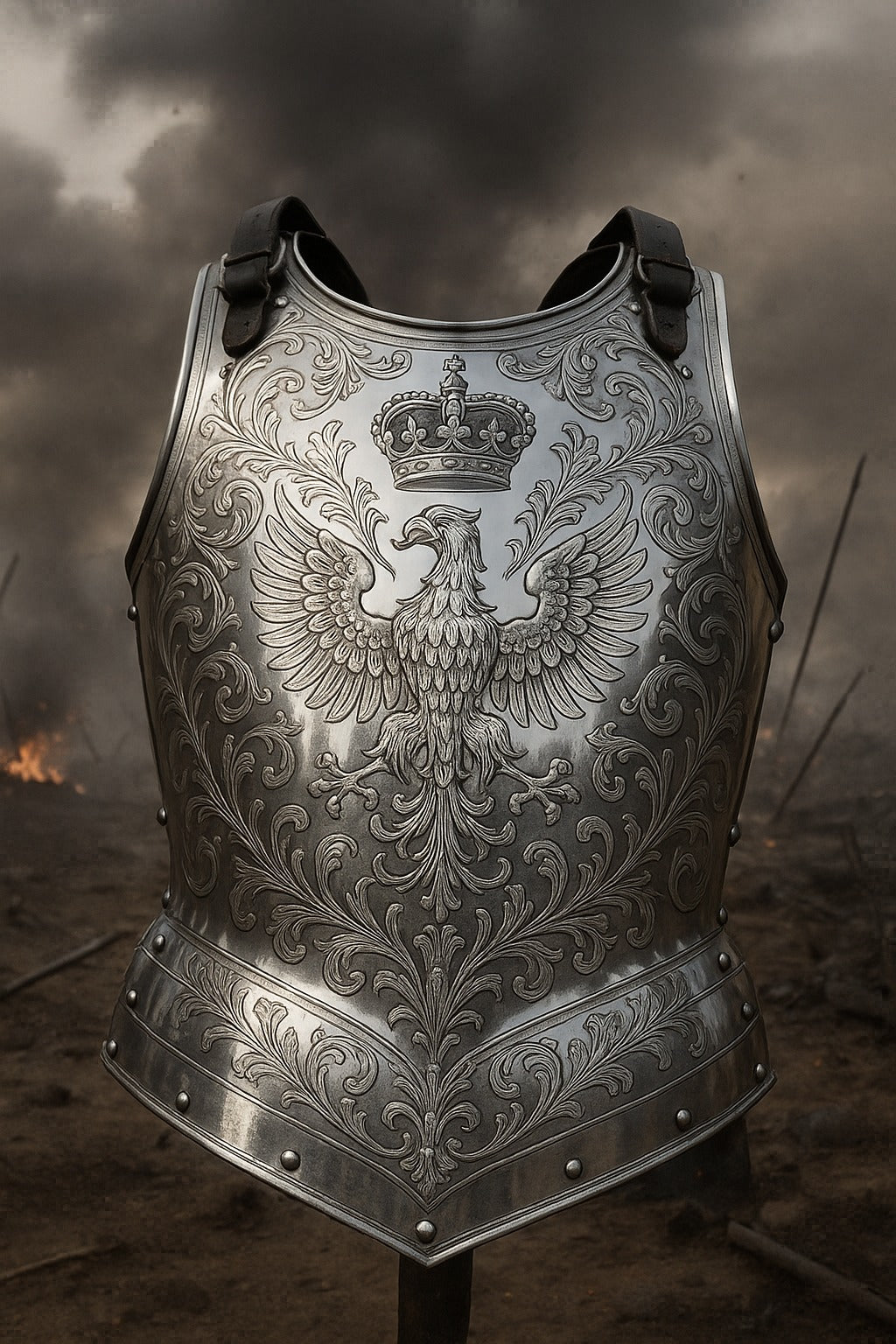 Front view of Royal Eagle engraved steel cuirass armor with crown emblem