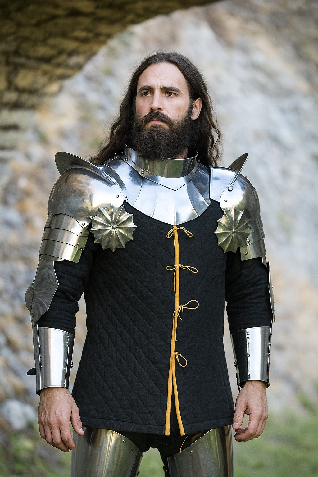 Medieval knight wearing handcrafted polished steel armor suit with detailed shoulder and arm guards