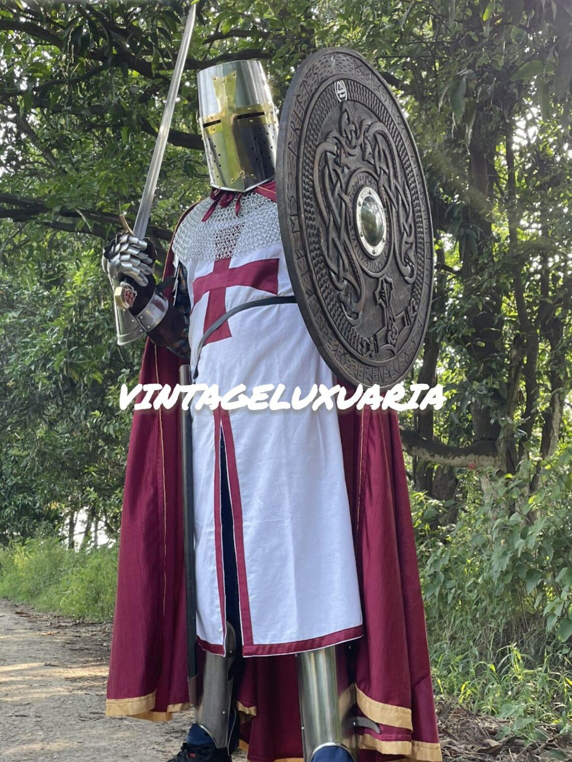 Medieval Knight Armor Templar Red Cross Costume Replica Chainmail Dress & Helmet Historical Battle Gear With Armor Cape | Wooden Shield