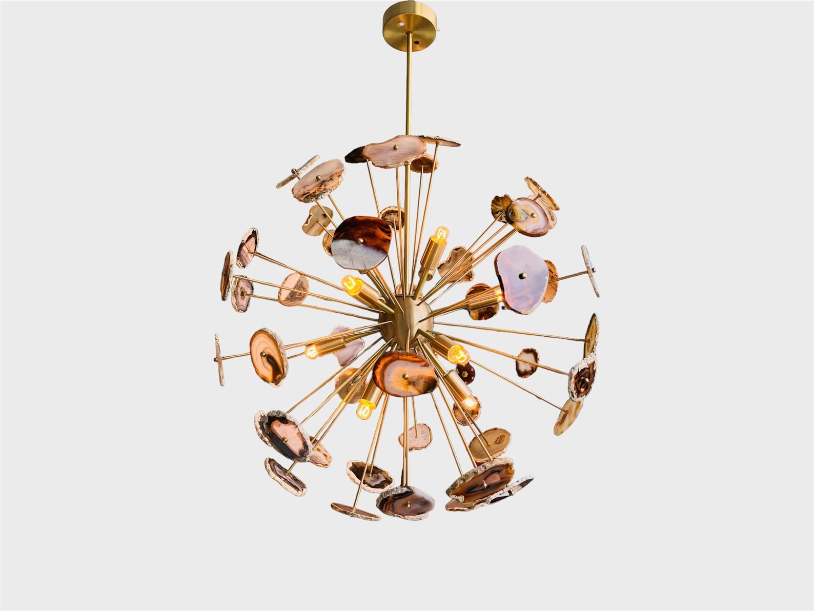 Mid Century Natural Agate Stone Sputnik Brass Lights Modern Chandelier Pendant Mid century Brass Ceiling Light with Marble Sputnik light