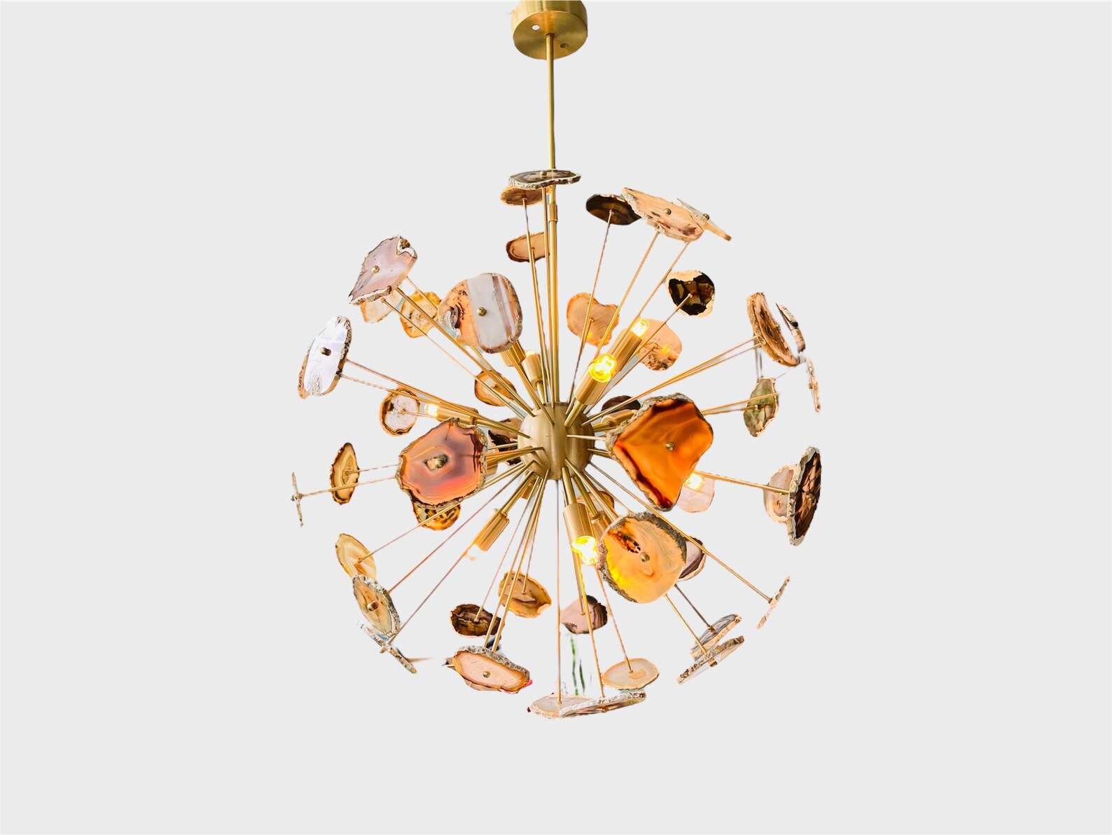 Mid Century Natural Agate Stone Sputnik Brass Lights Modern Chandelier Pendant Mid century Brass Ceiling Light with Marble Sputnik light