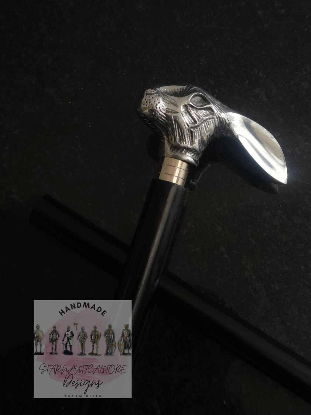 Handcrafted Playboy wooden walking cane featuring a hand-carved rabbit head with Aluminum fittings, perfect as a unique gift.