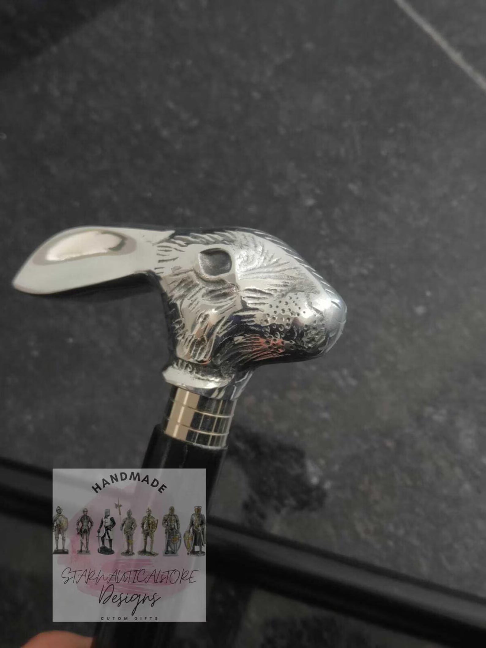 Handcrafted Playboy wooden walking cane featuring a hand-carved rabbit head with Aluminum fittings, perfect as a unique gift.