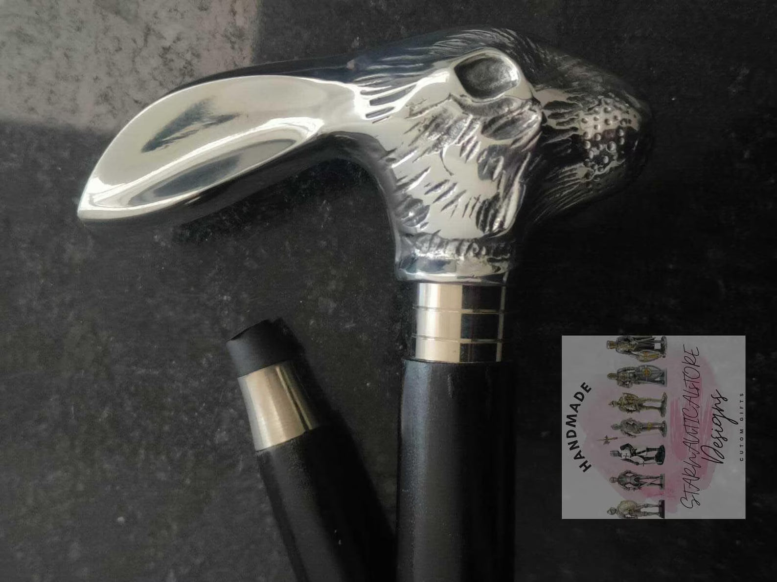 Handcrafted Playboy wooden walking cane featuring a hand-carved rabbit head with Aluminum fittings, perfect as a unique gift.