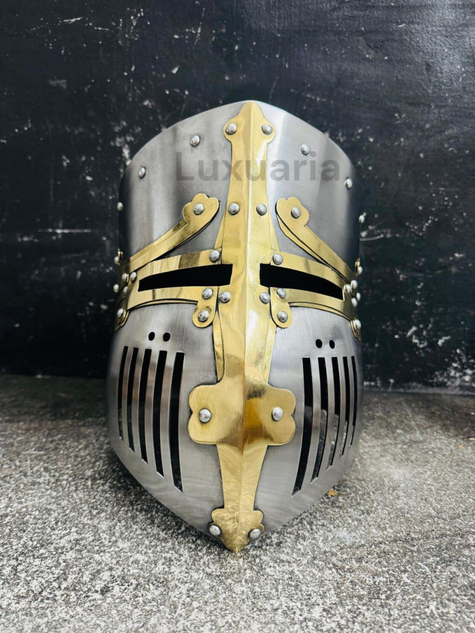 Medieval Crusader Helmet with Cross Hand Forged 18 Ga Steel Templar Battle Ready Replica Head Wear Costume for Home Decor Roleplay & Cosplay