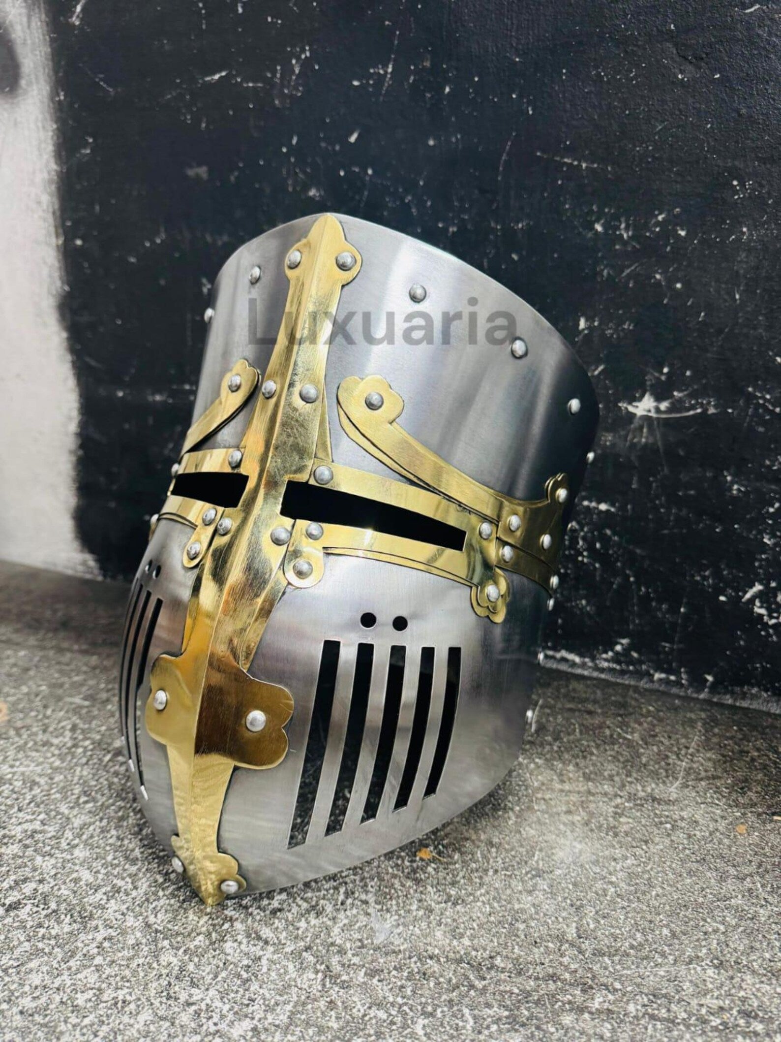 Medieval Crusader Helmet with Cross Hand Forged 18 Ga Steel Templar Battle Ready Replica Head Wear Costume for Home Decor Roleplay & Cosplay