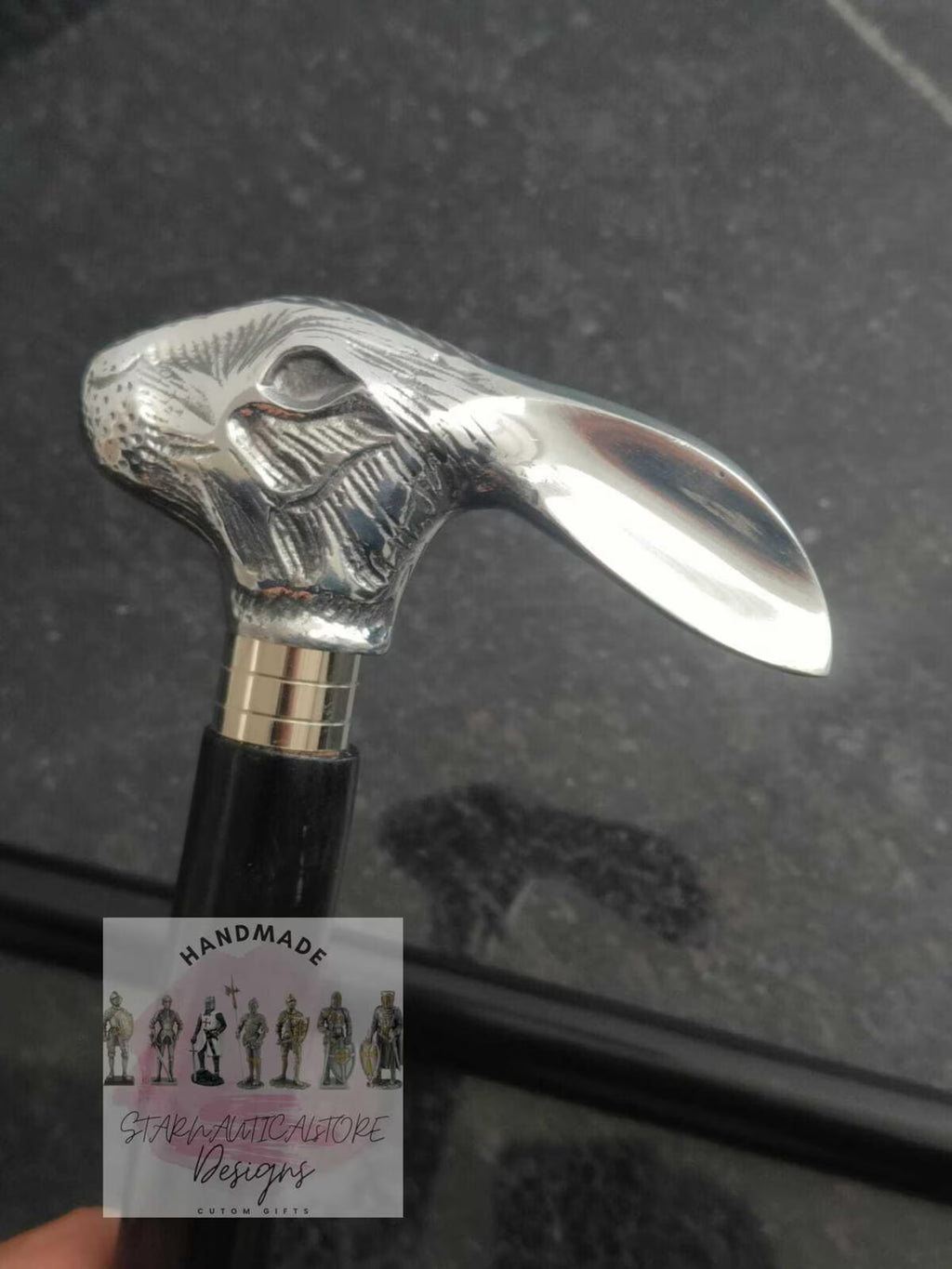 Handcrafted Playboy wooden walking cane featuring a hand-carved rabbit head with Aluminum fittings, perfect as a unique gift.