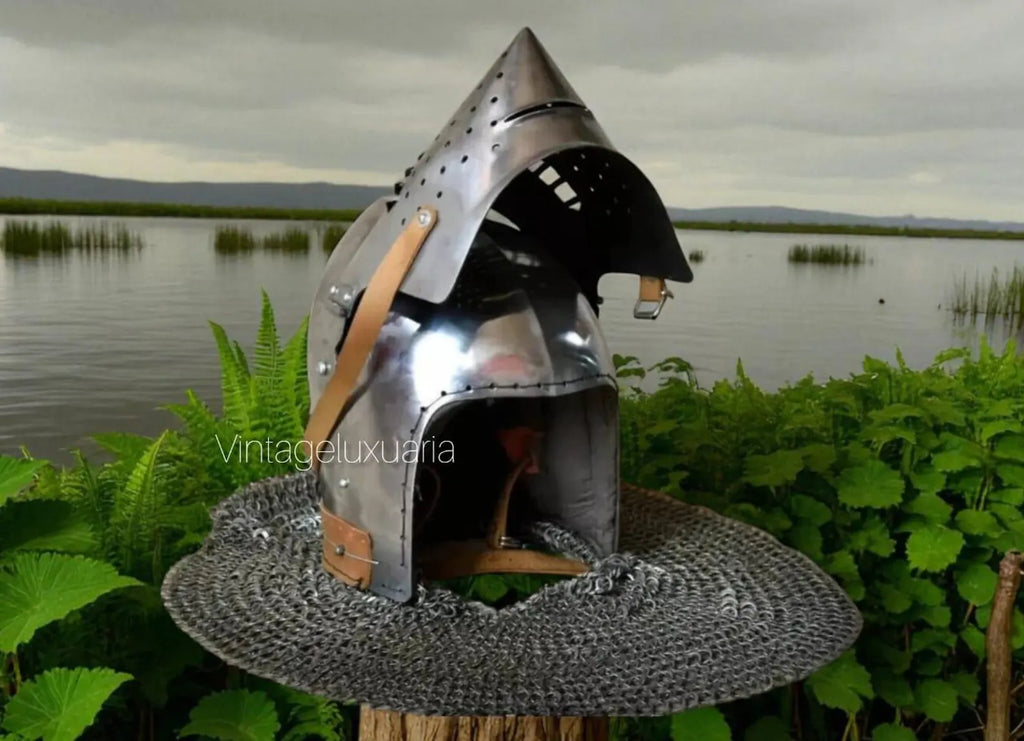 Medieval Bascinet Knight Helmet with Houndskull Visor – Handmade Steel Helmet with Leather Straps – LARP, SCA & Reenactment Armor
