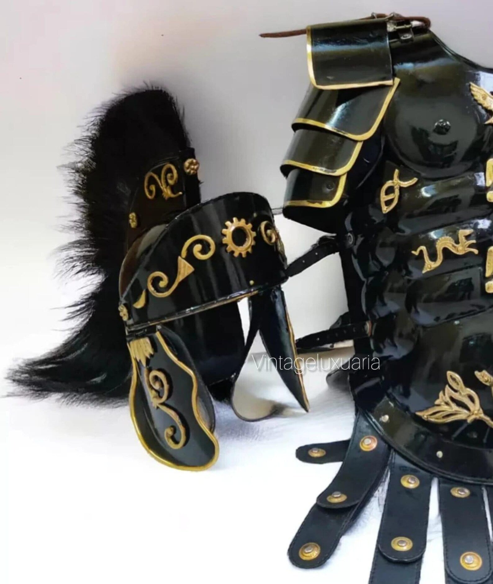 Medieval Greek Roman Black Muscle Armor - Gladiator Muscle Armor Cuiras with Helmet and Shoulders - Spartan 300 Halloween LARP & Reenactment