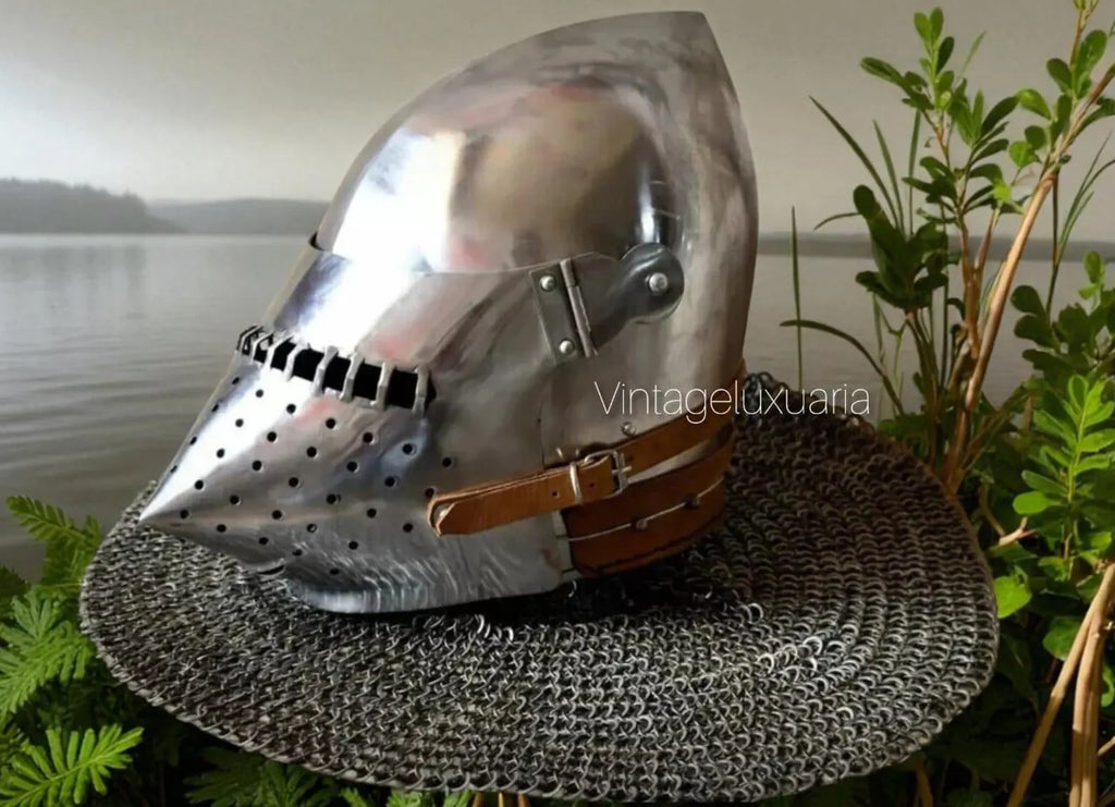 Medieval Bascinet Knight Helmet with Houndskull Visor – Handmade Steel Helmet with Leather Straps – LARP, SCA & Reenactment Armor