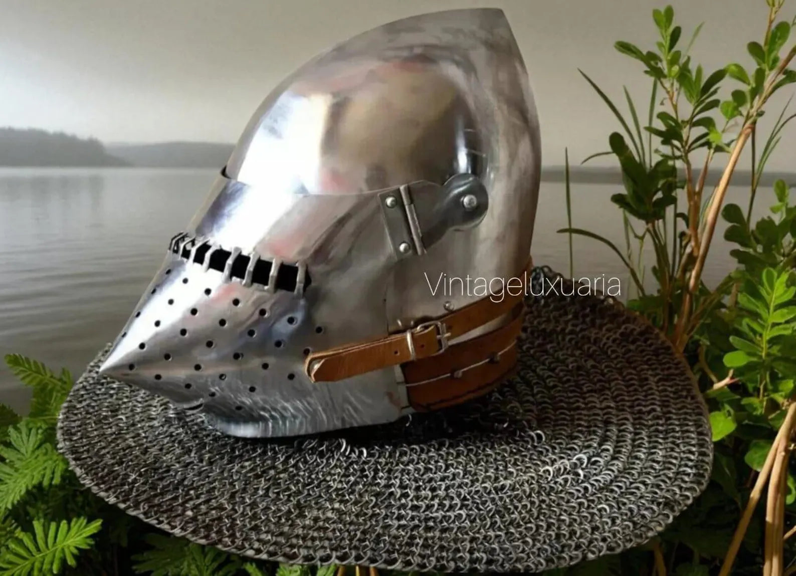 Medieval Bascinet Knight Helmet with Houndskull Visor – Handmade Steel Helmet with Leather Straps – LARP, SCA & Reenactment Armor