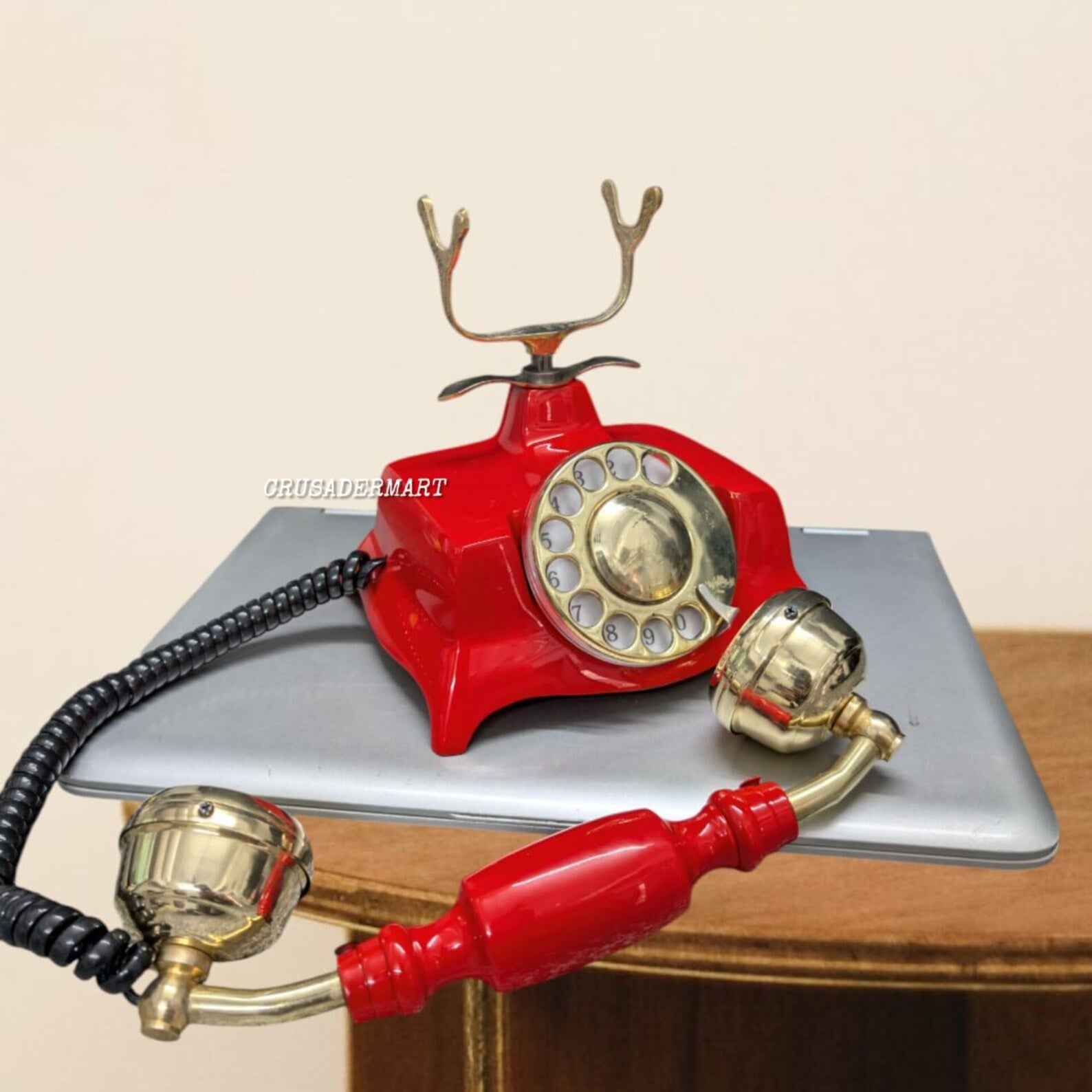 Vintage Red & Brass Retro Rotary Dial Telephone Antique Decorative Collectible Working Telephone, Collectible Home Decor