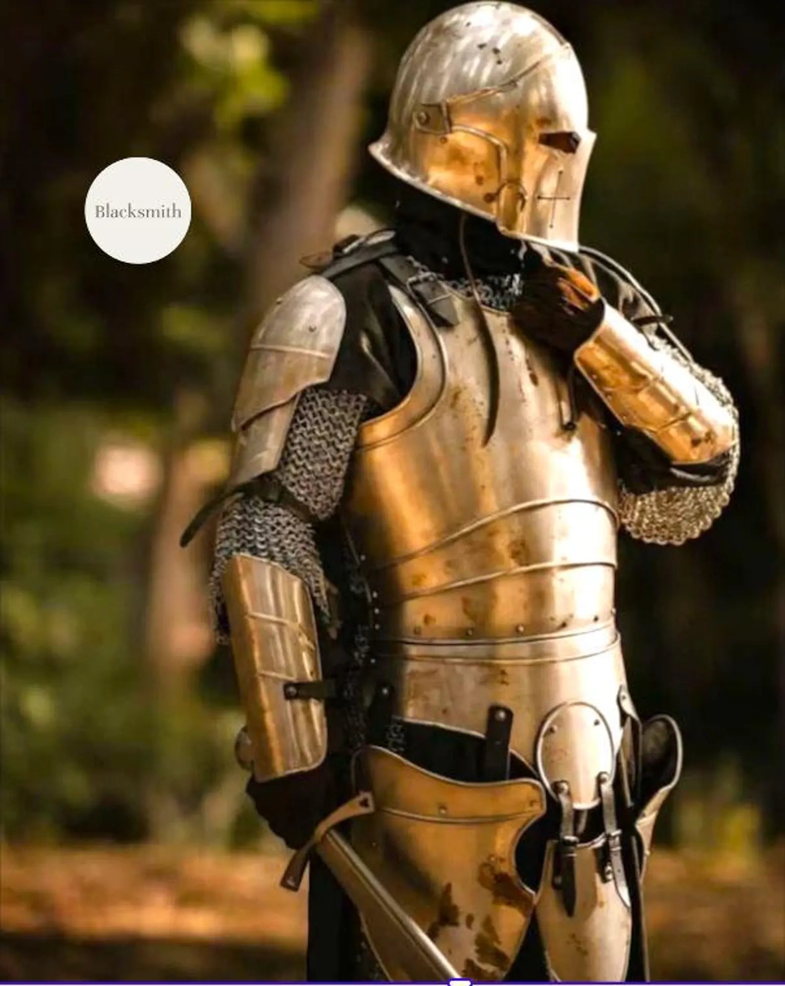 Person wearing a full medieval steel knight armor suit with helmet, holding a sword.