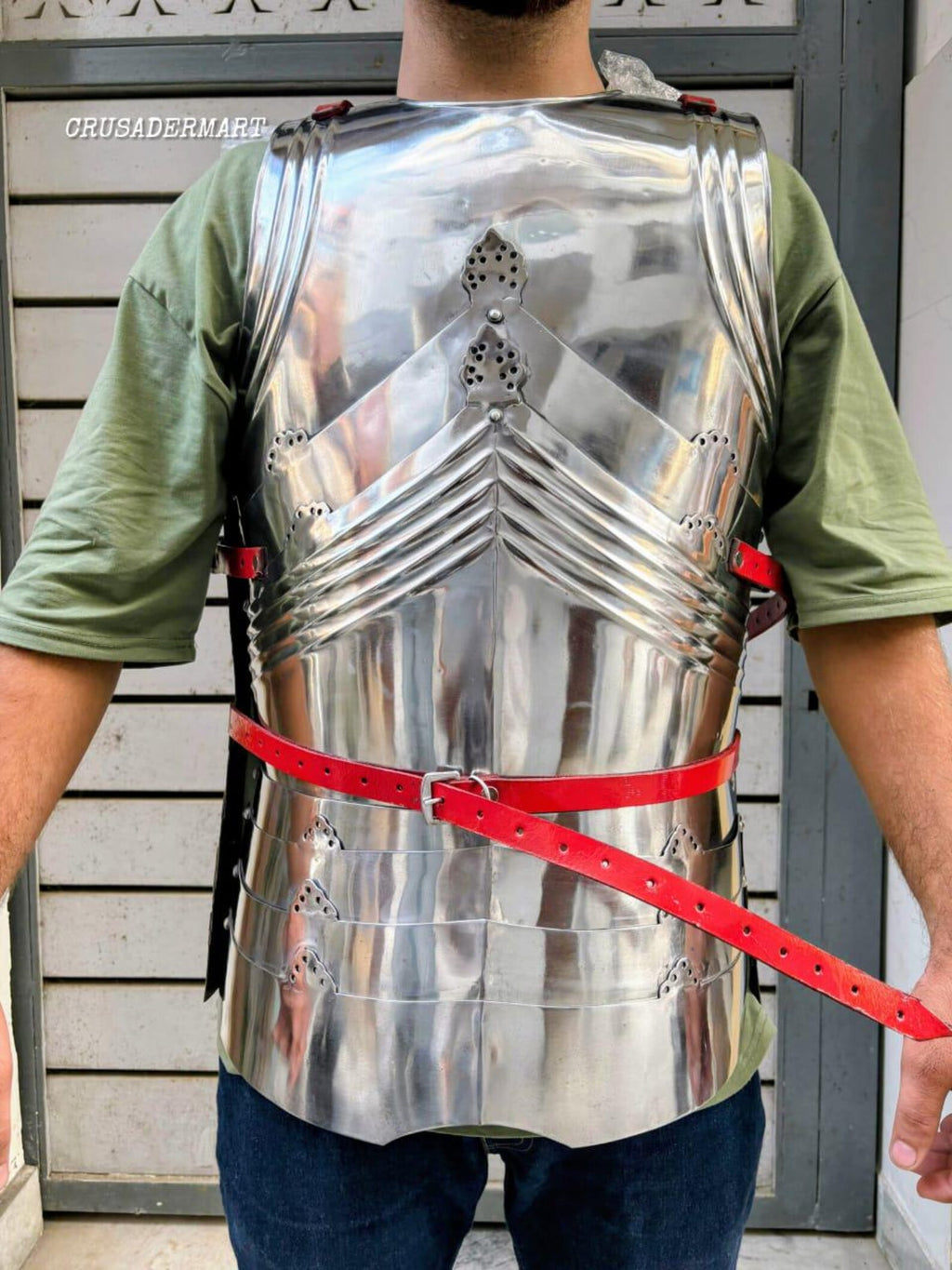 Medieval Gothic Steel Cuirass Breastplate & Backplate – Full Body Chest Armor with Red Leather Straps for LARP, Cosplay Reenactment