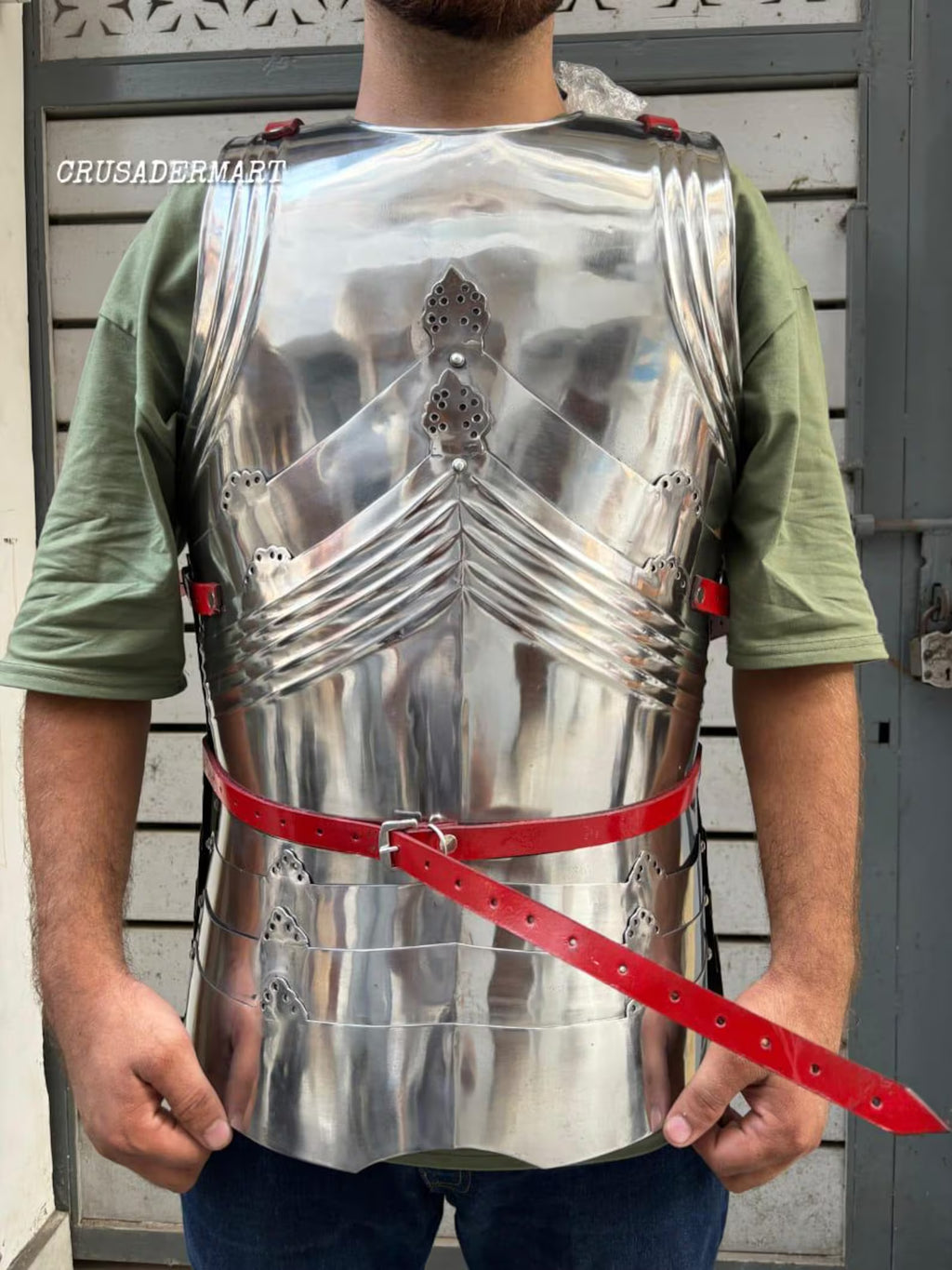 Medieval Gothic Steel Cuirass Breastplate & Backplate – Full Body Chest Armor with Red Leather Straps for LARP, Cosplay Reenactment