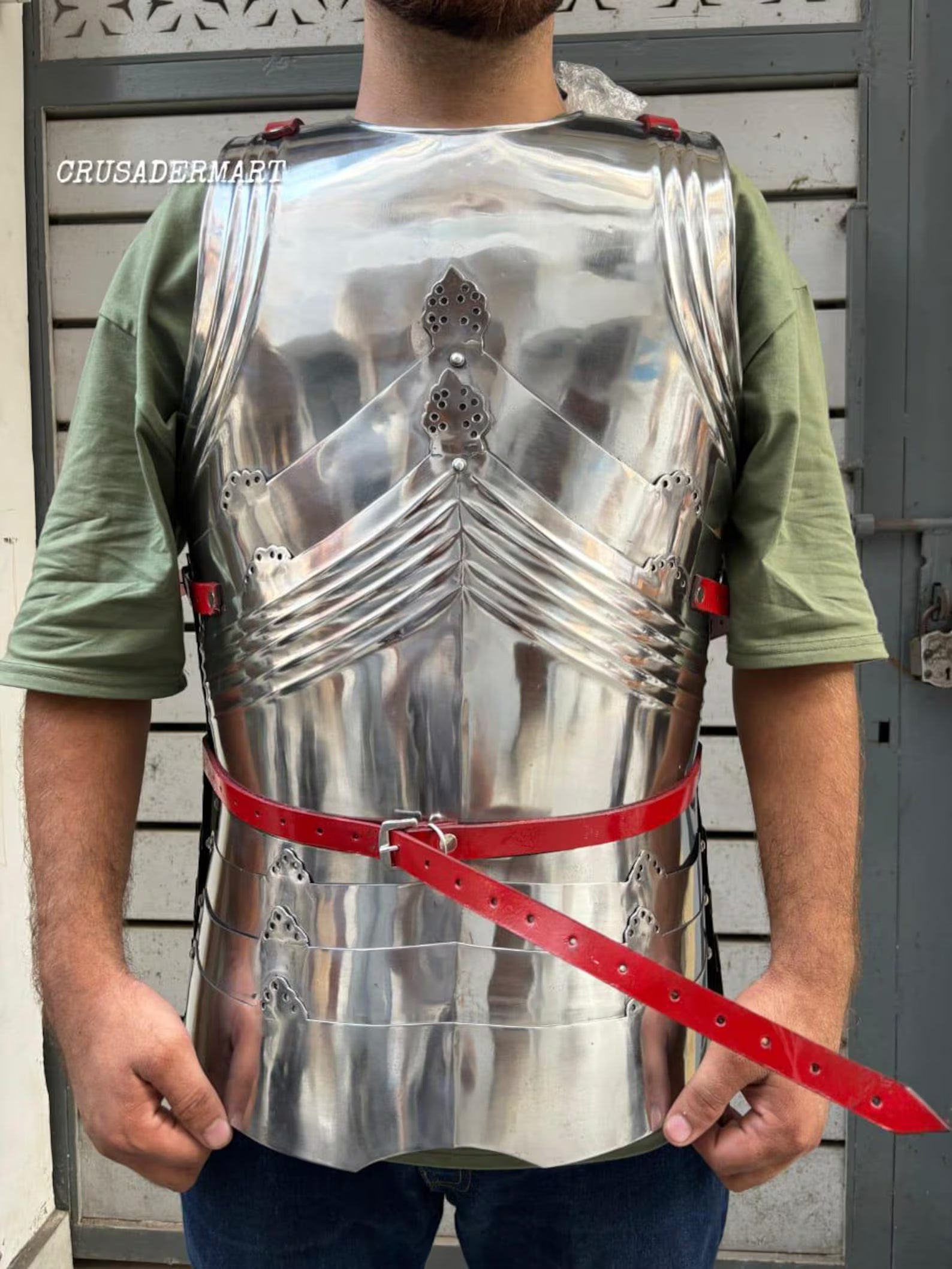 Medieval Gothic Steel Cuirass Breastplate & Backplate – Full Body Chest Armor with Red Leather Straps for LARP, Cosplay Reenactment