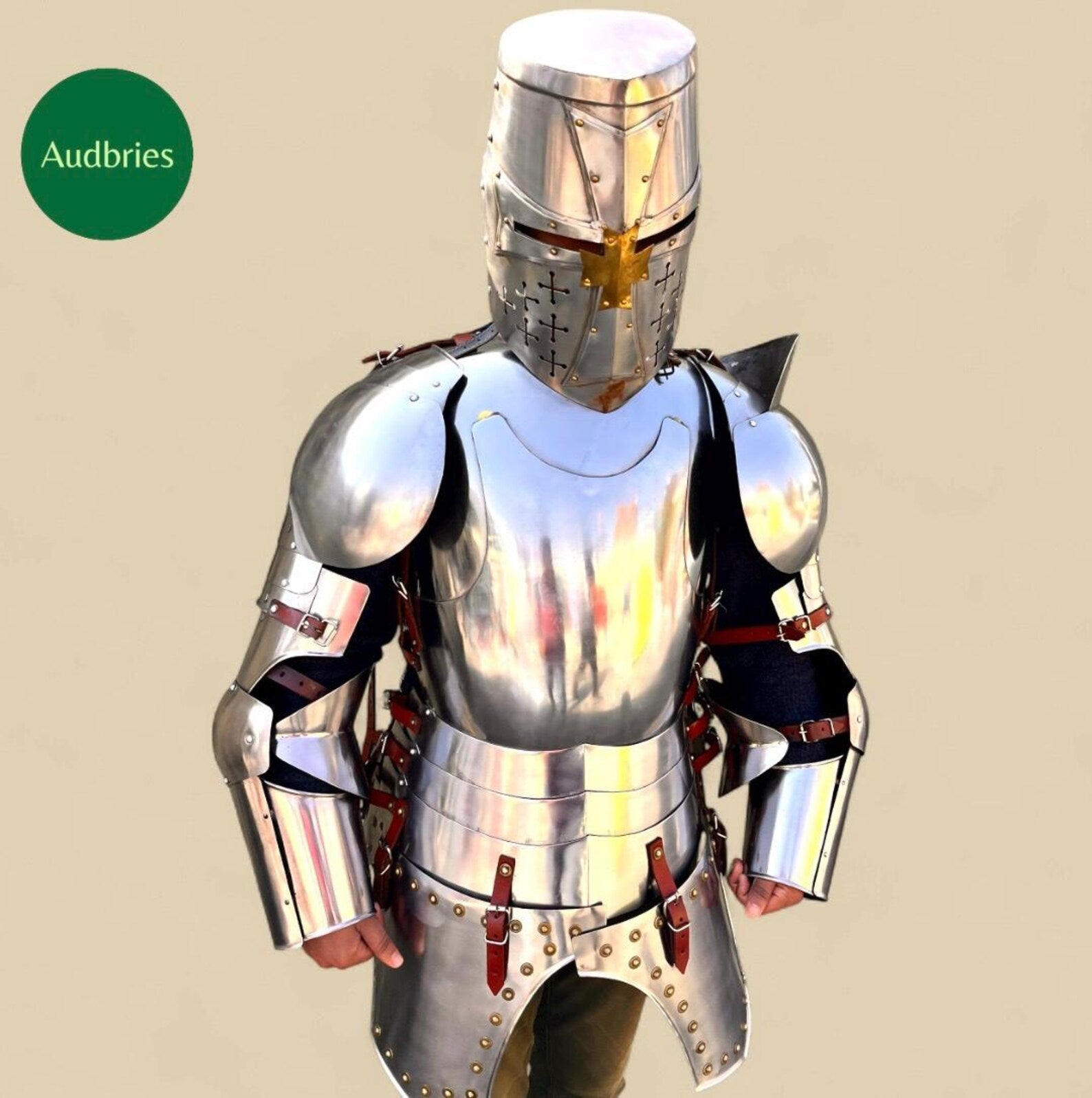 Handmade Medieval Knight Full Armor Suit | Steel Breastplate, Helmet, Pauldrons & Gauntlets | Wearable Costume Armor | LARP | Cosplay Gear