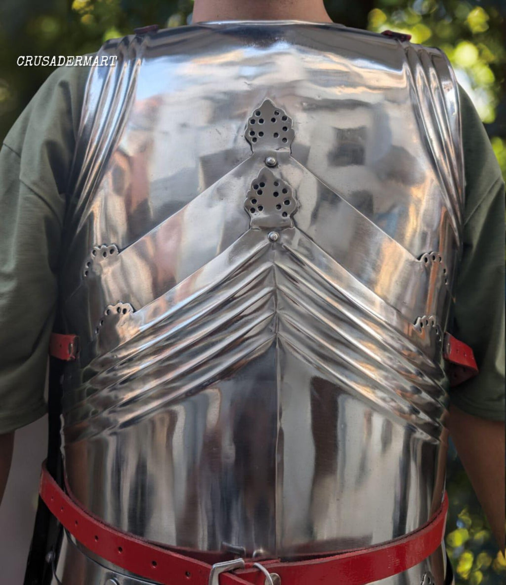 Medieval Gothic Steel Cuirass Breastplate & Backplate – Full Body Chest Armor with Red Leather Straps for LARP, Cosplay Reenactment