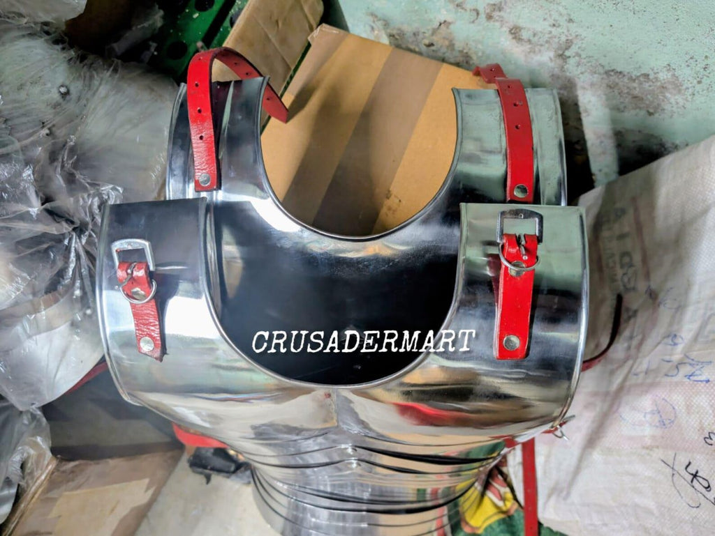 Medieval Gothic Steel Cuirass Breastplate & Backplate – Full Body Chest Armor with Red Leather Straps for LARP, Cosplay Reenactment