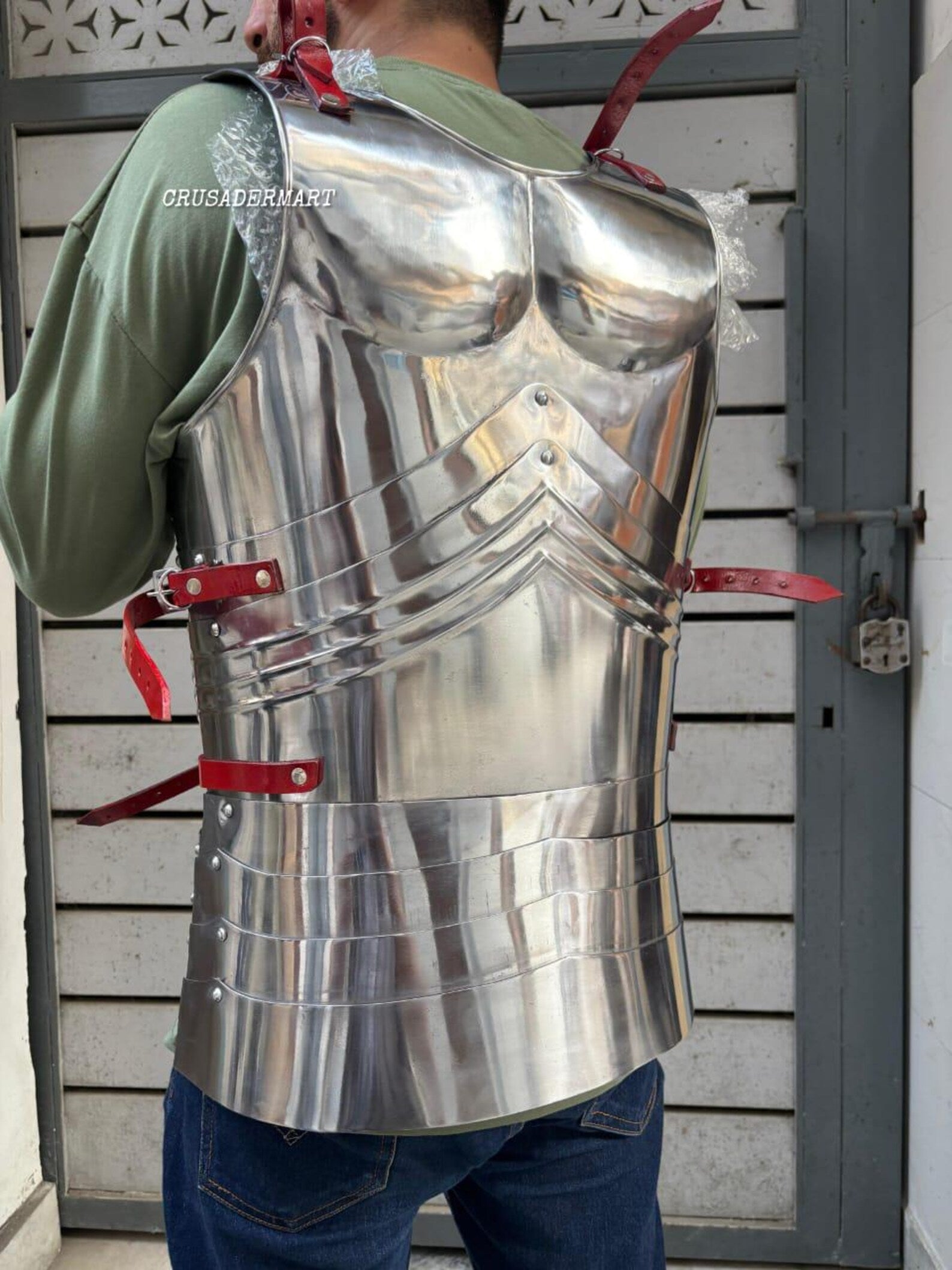 Medieval Gothic Steel Cuirass Breastplate & Backplate – Full Body Chest Armor with Red Leather Straps for LARP, Cosplay Reenactment