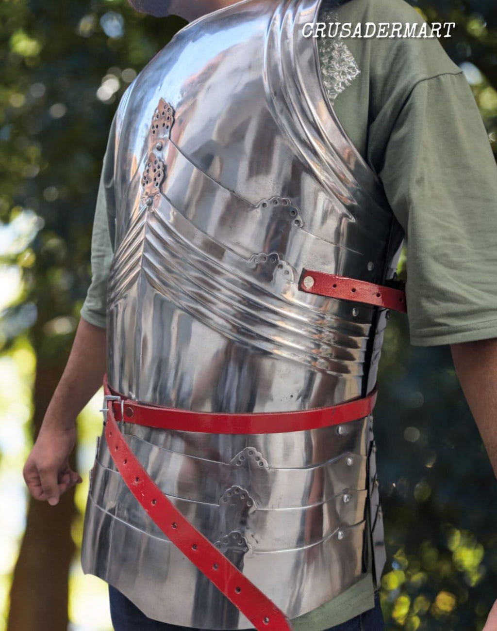 Medieval Gothic Steel Cuirass Breastplate & Backplate – Full Body Chest Armor with Red Leather Straps for LARP, Cosplay Reenactment