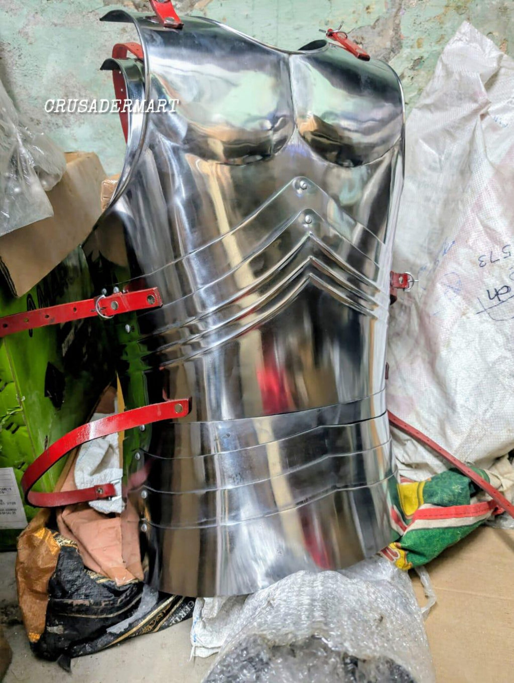 Medieval Gothic Steel Cuirass Breastplate & Backplate – Full Body Chest Armor with Red Leather Straps for LARP, Cosplay Reenactment